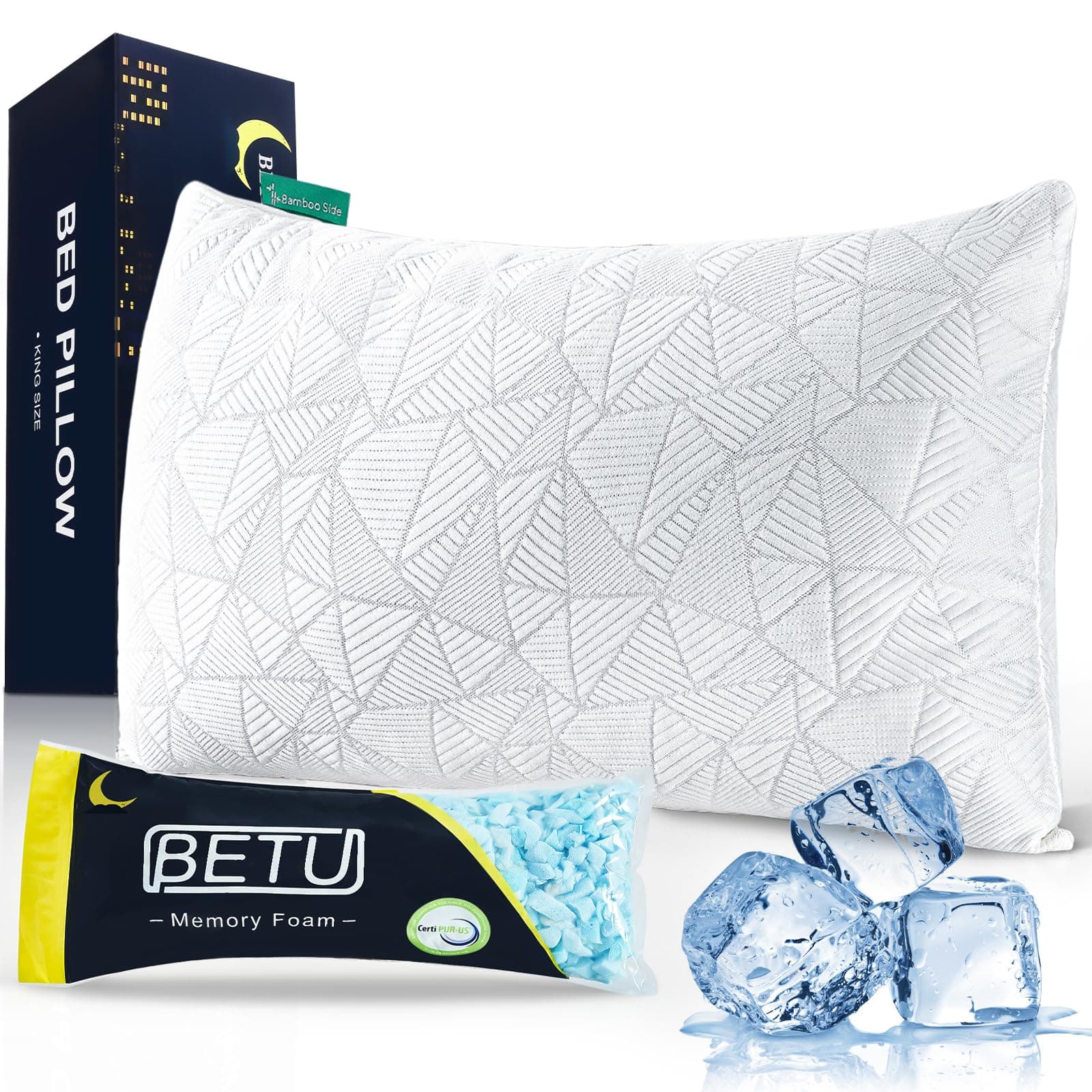 BETU Cooling Pillow Queen Size, Shredded Memory Foam Cool Pillow for Hot Sleepers, Adjustable Firm Soft Support Bed Pillows Perfect for Back Neck Pain and Side Sleeping with Pillow Case Cover, White Queen (1 Count) White