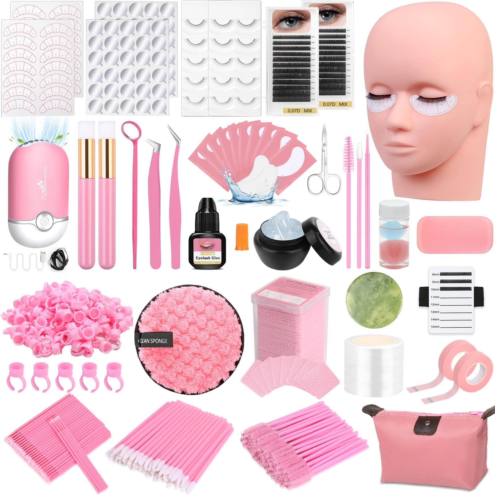 Lashes Kit for Eyelash Extension Beginner Lash Tech Starter Kit with Eye Lash Mannequin Head, Professional Eyelash Extension Kit with Lash Fan, Extension Glue and Eyelash Remover for Practice Training Pink