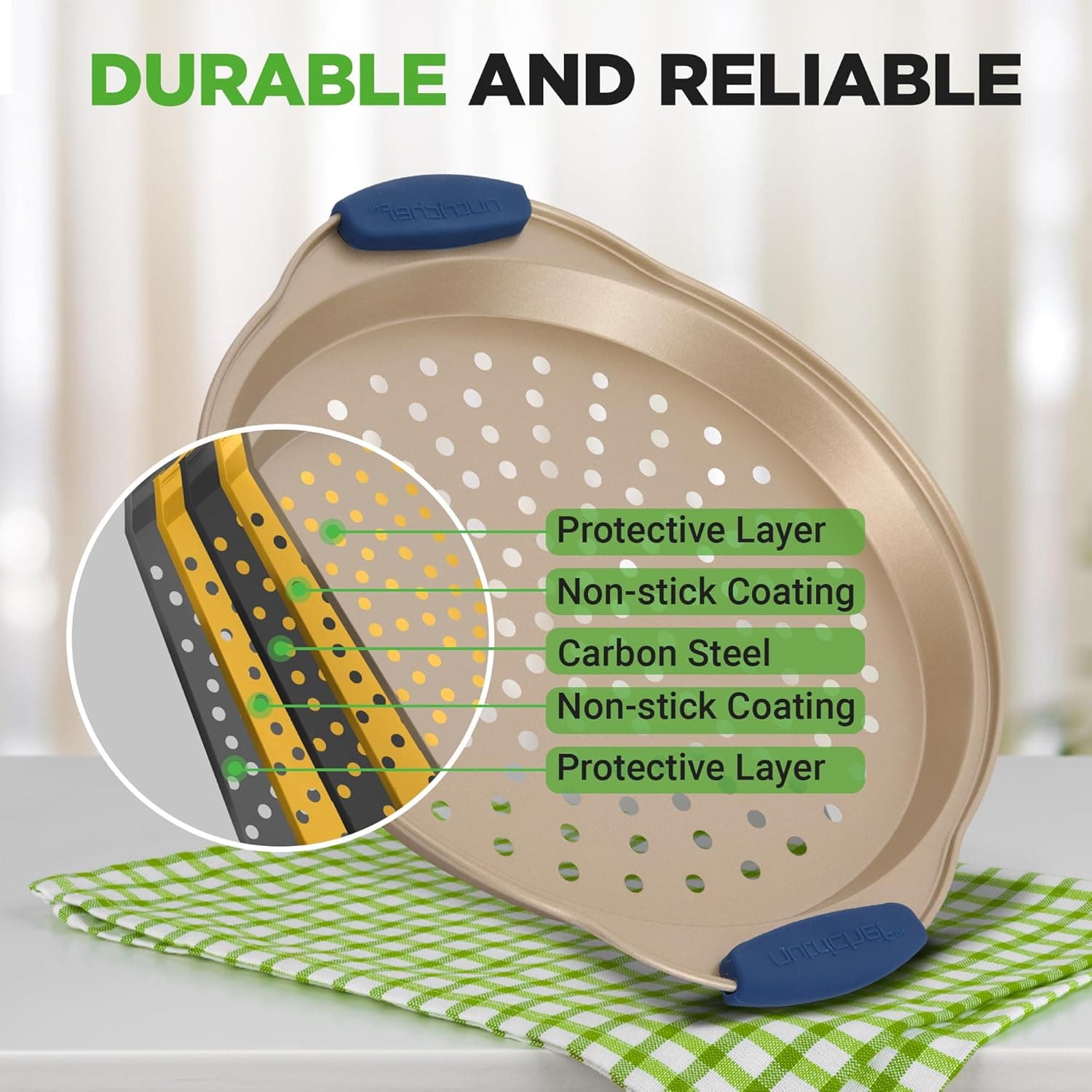 NutriChef 3-Piece Pizza Tray Set with Silicone Handles - Round Nonstick Pizza Pan with Perforated Holes, Durable Carbon Steel, Small, Medium, Large Sizes - Ideal for Crispy, Evenly Baked Pizzas (Gold) - Image 3