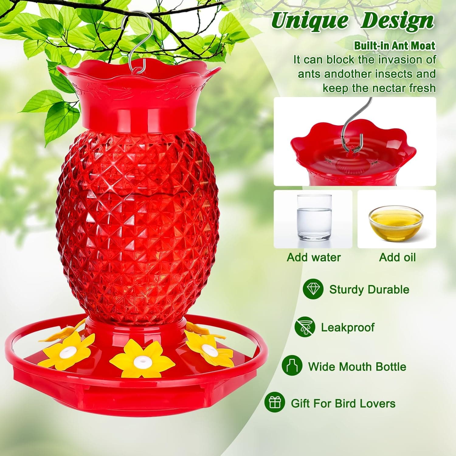 Glass Hummingbird Feeders for Outdoors Hanging Ant and Bee Proof 16OZ 2 Pack Red Pineapple Humming Bird Feeder with 6 Feeding Ports and Ant Moat Hummingbird Gifts for Women Garden Decor 2 16 OZ - Image 4