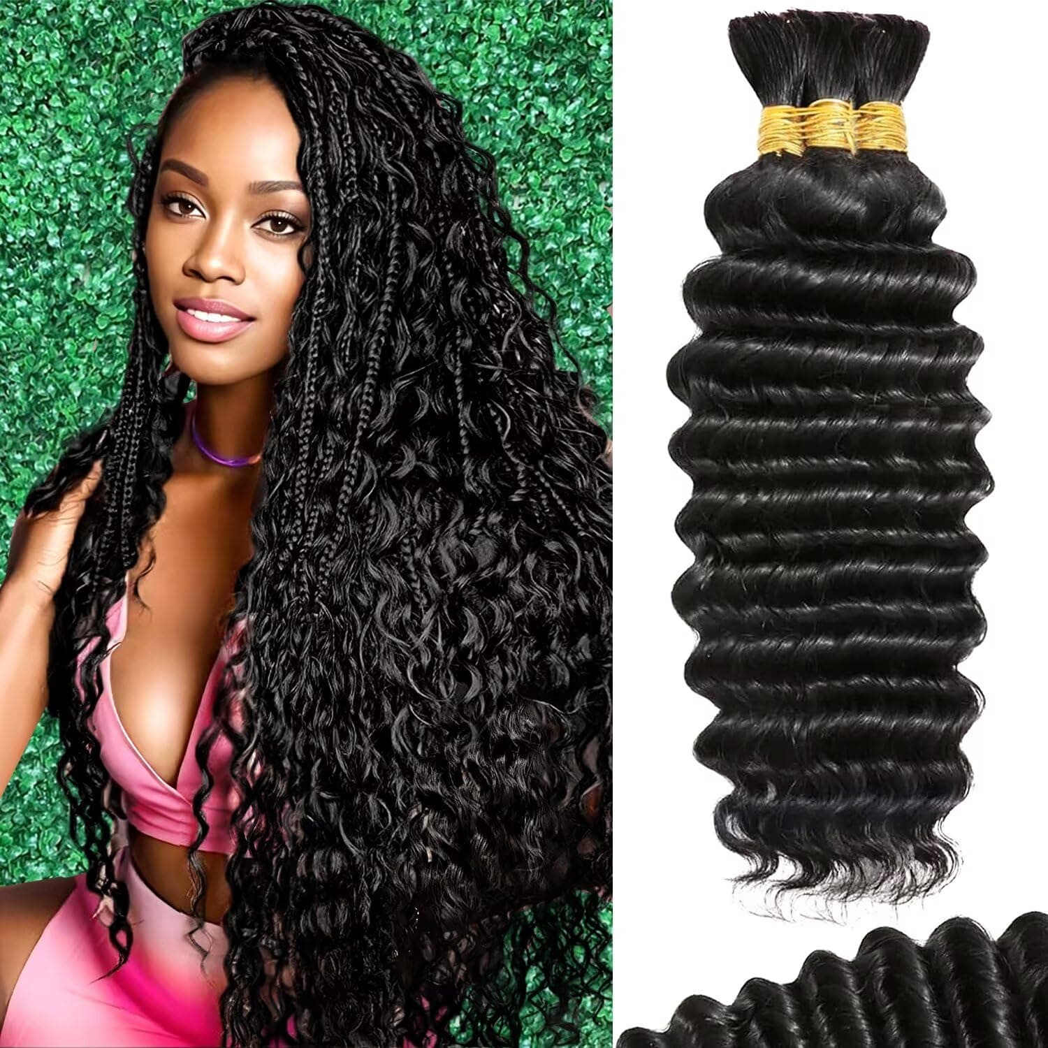 Human Braiding Hair For Boho Braids 120g Deep Wave Bulk Human Hair for Braiding Knotless 12A 100% Unprocessed Brazilian Virgin Hair Extensions Bulk Bohemian 3 Bundles Natural Color 18inch 18 Inch 1B-Natural Black - Image 2