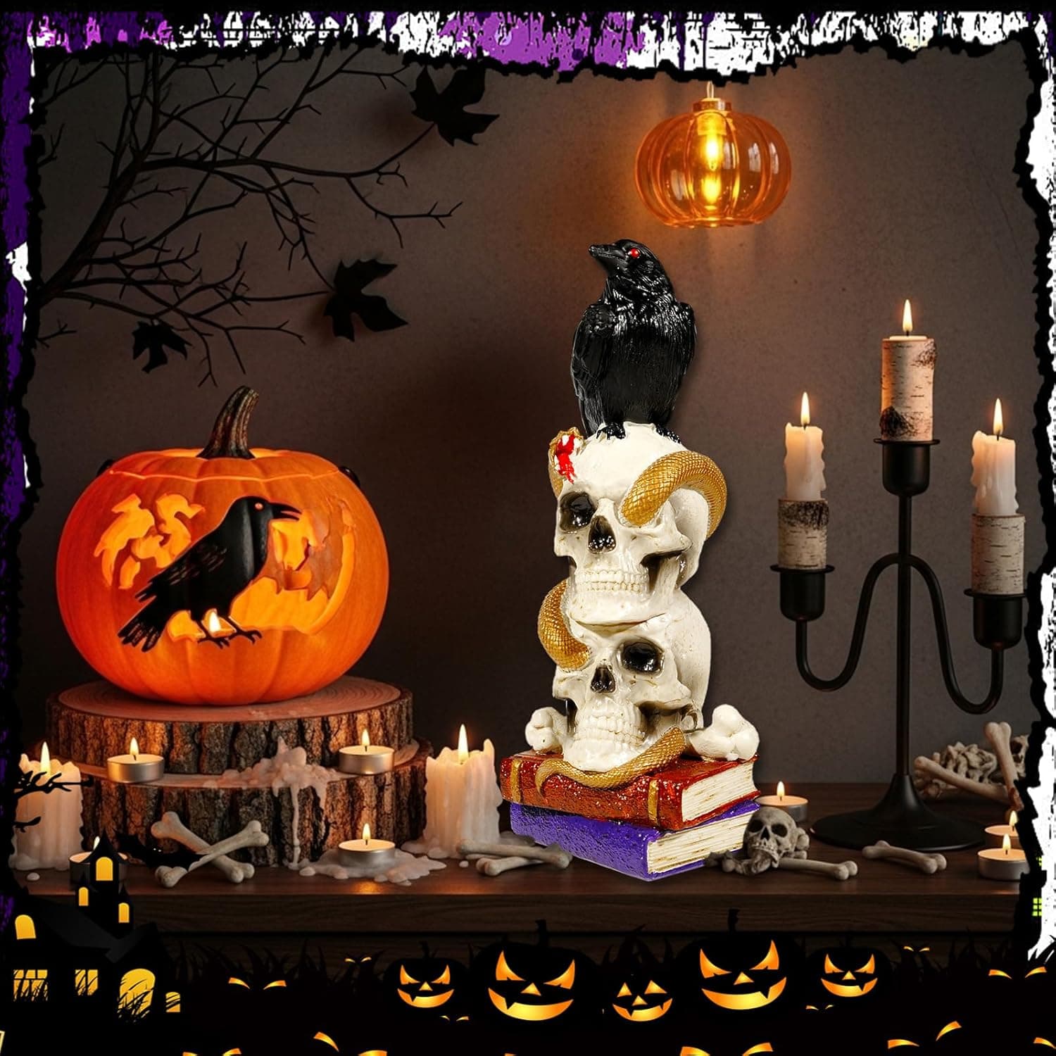 Wowagoga Halloween Raven Skull,Skeleton Skull Head, Totem Pole Decor with Book 8 Inch Tall Macabre Art Sculpture for Home Office - Image 6