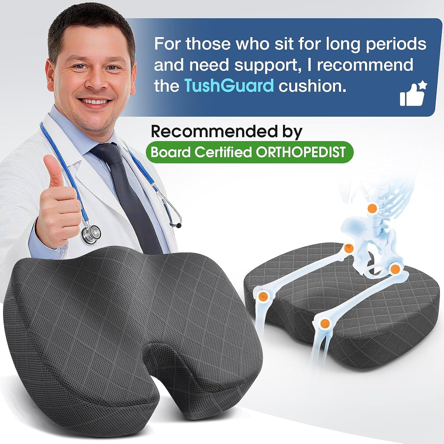 TushGuard Seat Cushion - Memory Foam Cushion for Office Chair, Car Seat, Airplane, Bleacher - Sciatica & Hip & Coccyx Pain Relief Desk Chair Cushion for Long Sitting Office Workers, Car Drivers Large Grey - Image 4