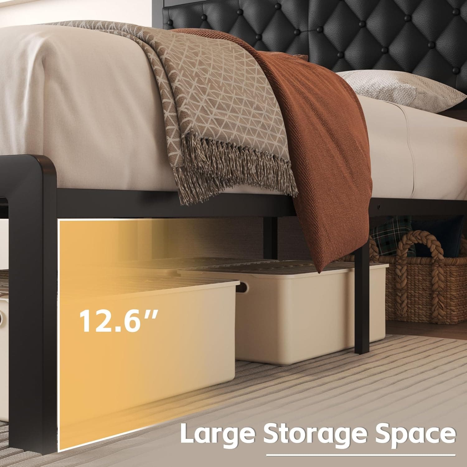 Queen Bed Frame with Headboard PU Leather Upholstered Bed Frame Platform,All Metal Slats Support Platform Bed Frame with Storage Space,Easy Assembly,Noise Free,No Box Spring Needed,Black Black Queen - Image 6