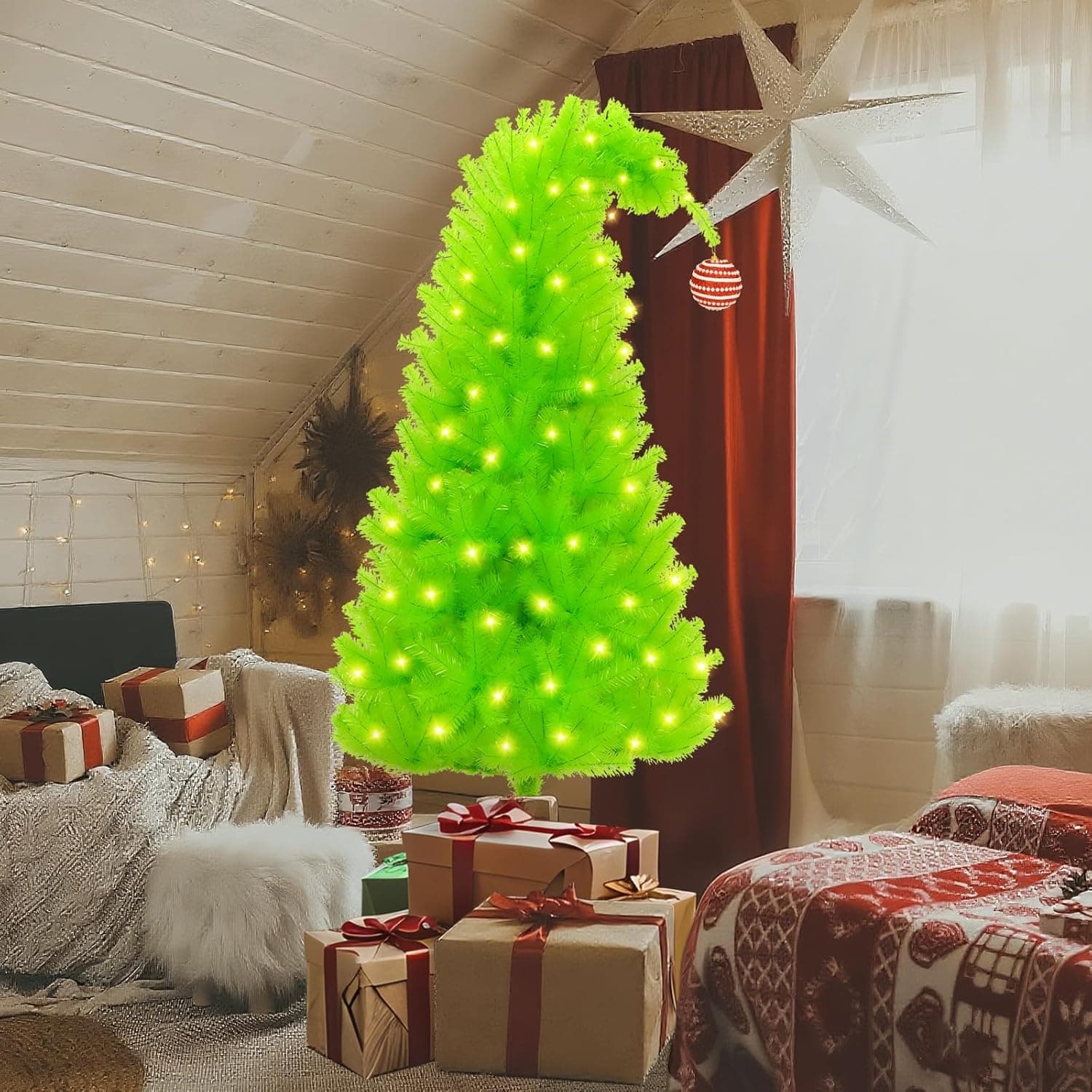 6 FT Grinchie​ Christmas Tree, Top Curved 6ft Upright 7ft Lime Green Xmas Tree with Tree Skirt, Easy Setup Whimsical Artificial Christmas Tree for Christmas Decorations - Image 5