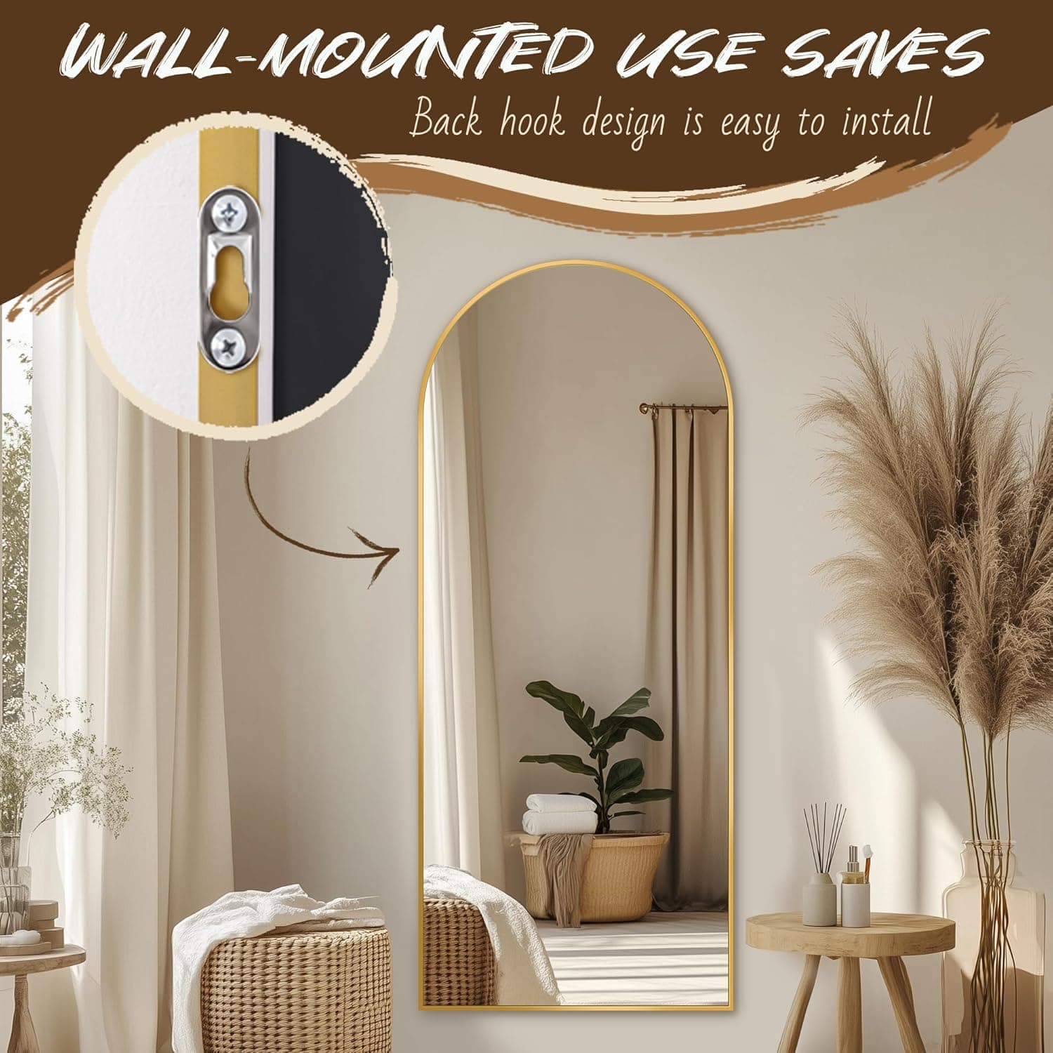 Antok Full Length Mirror, 58"x19" Floor Mirror, Arched Floor Standing Freestanding Arch Full Body Mirrors with Stand for Bedroom, Hanging Mounted for Living Room Cloakroom,Gold Gold 58"L x 19"W - Image 9