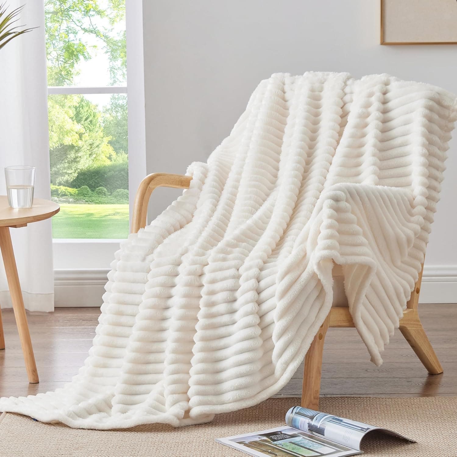 BEDELITE Fleece Throw Blanket for Couch - 300GSM Soft & Warm Fluffy Cream White Blanket, Decorative and Giftable Striped Blankets for Women, Men, 50"x60" Cream Throw(50"x60") - Image 3