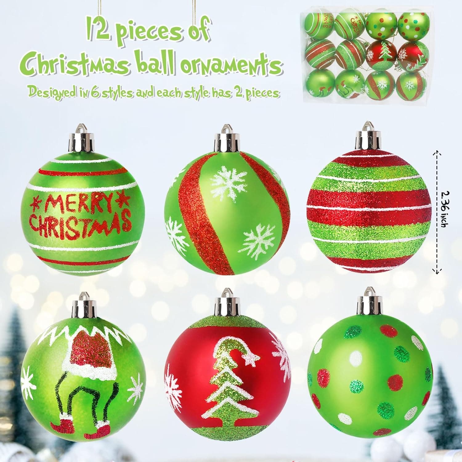 12 Pcs 2.4 Inch Christmas Ball Ornaments for Tree,Red and Green Glittering Hanging Bulbs Pendants for Christmas Tree Decorations - Image 6