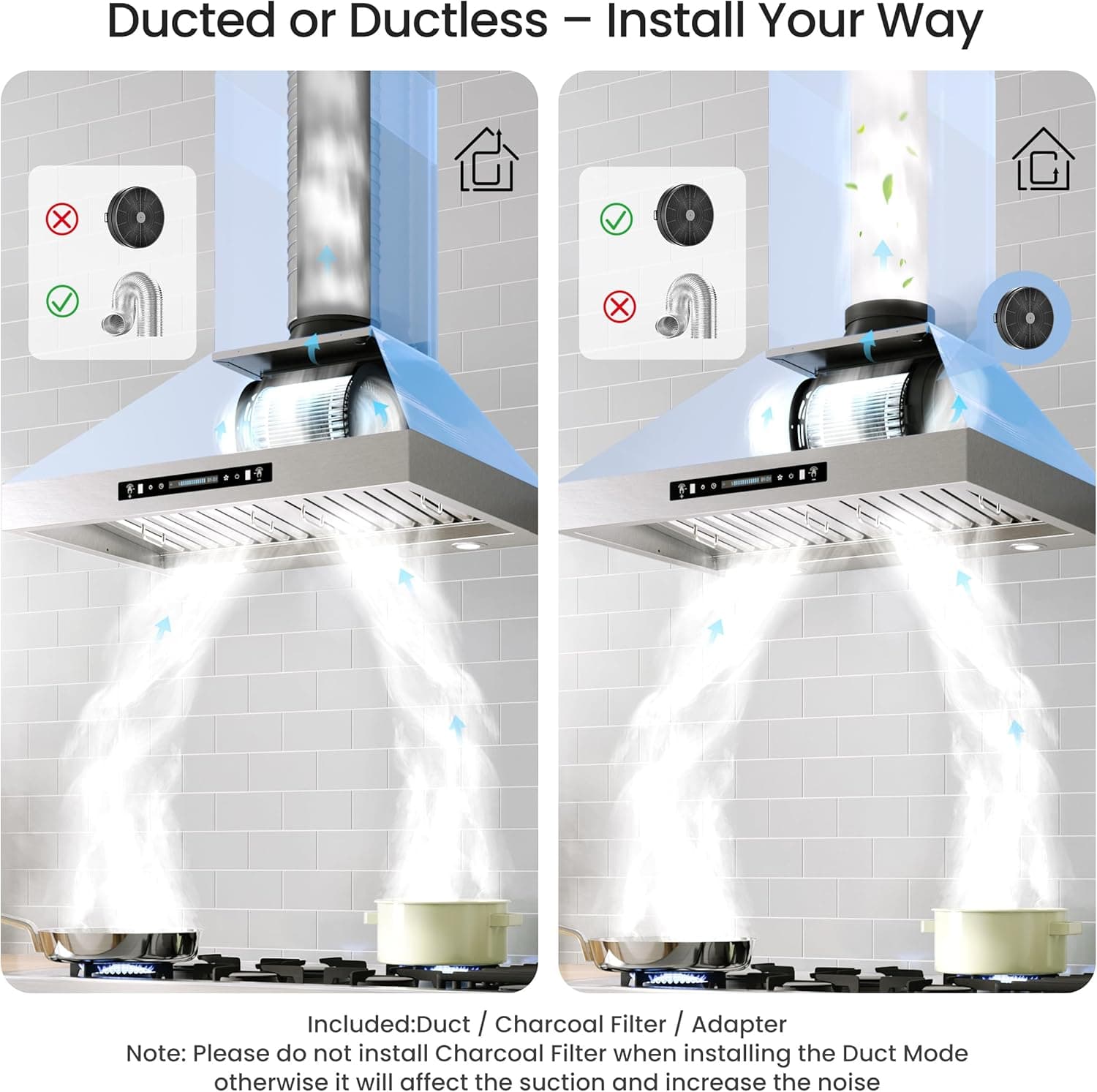 IKTCH 30-inch Wall Mount Range Hood 900 CFM Ducted/Ductless Convertible, Kitchen Chimney Vent Stainless Steel with Gesture Sensing & Touch Control Switch Panel, 2 Pcs Adjustable Lights(IKP02-30'') 30" 900CFM Stainless Steel - Image 6