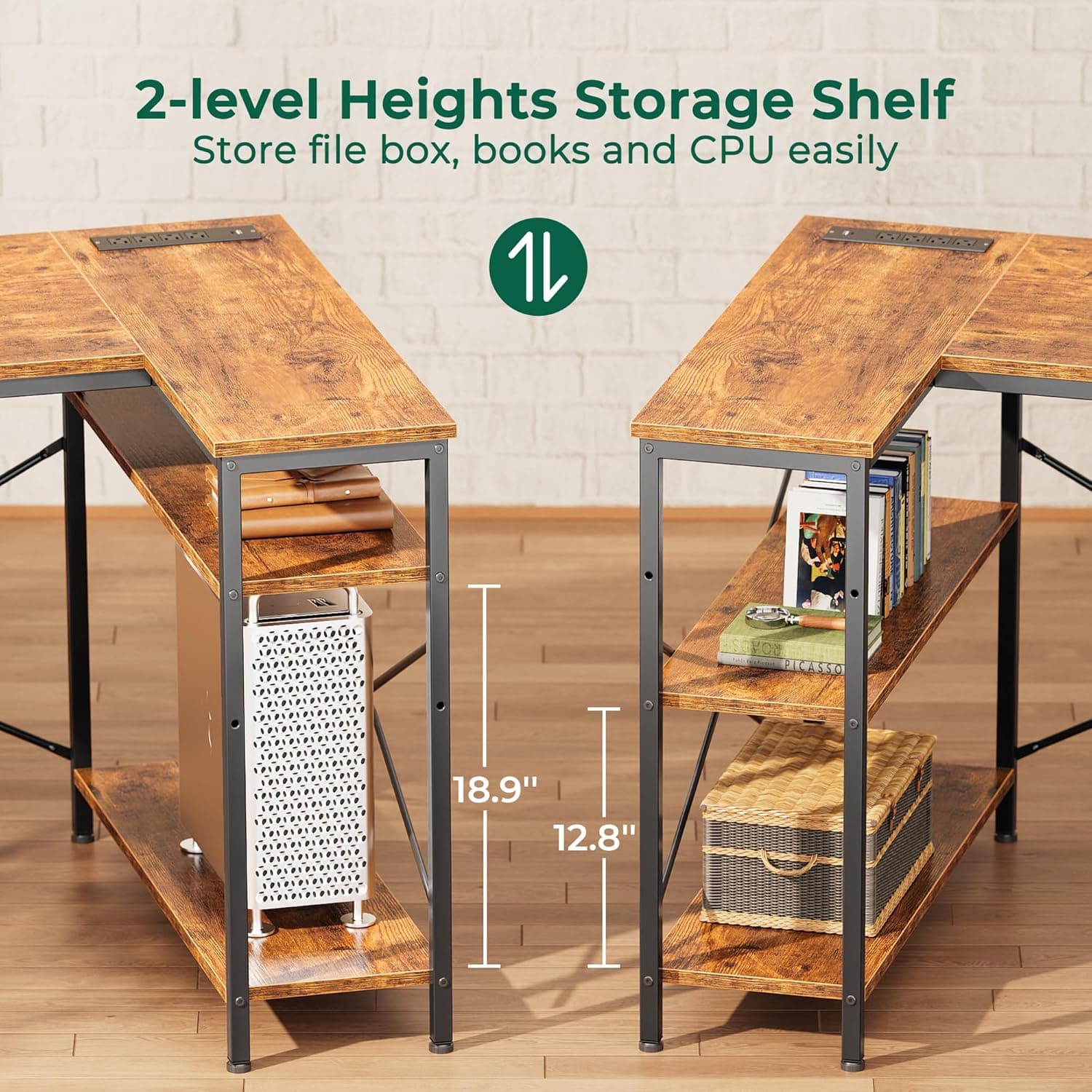 Huuger L型办公桌，带电源插座，47英寸电脑桌，配有3个抽屉和架子，适合游戏、角落工作、家庭办公室、学习，复古棕色 - Image 8