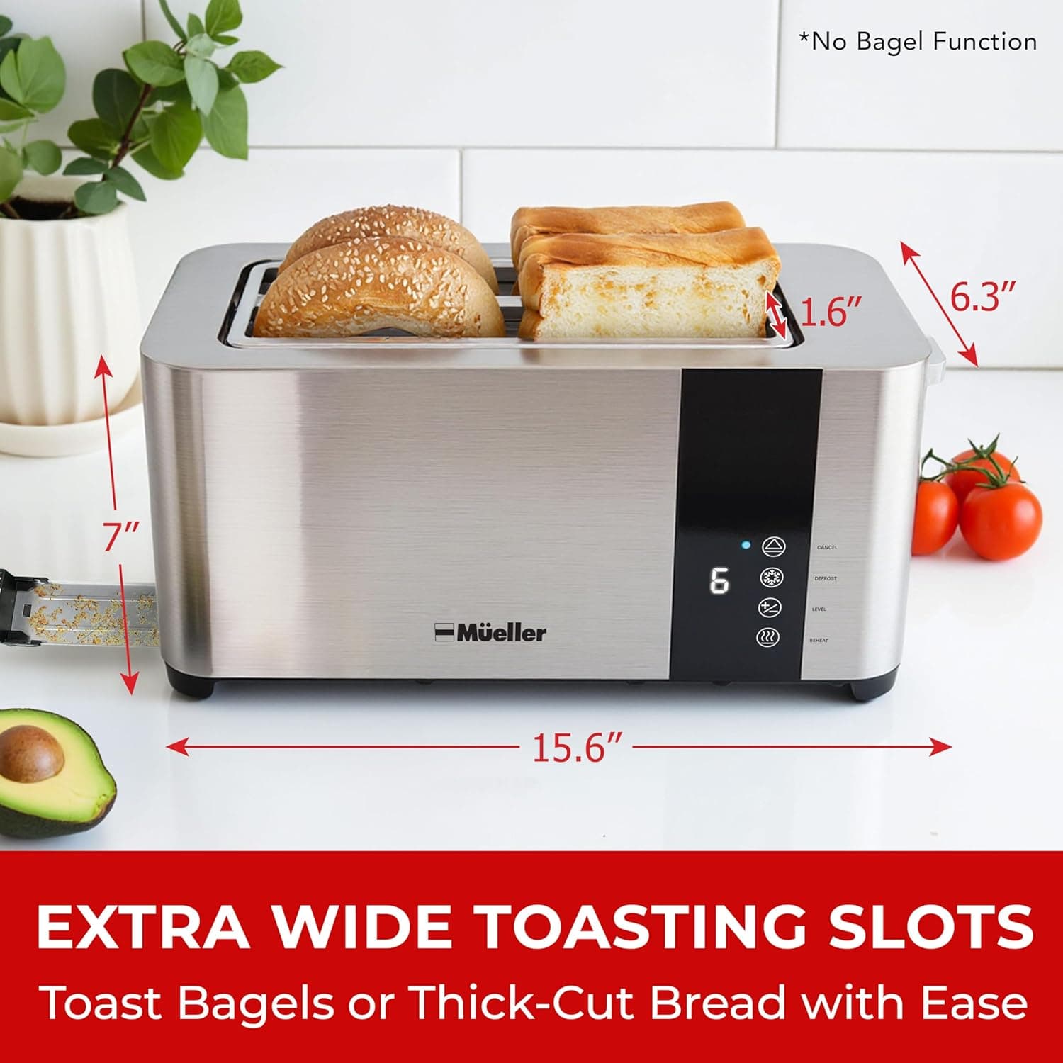 Mueller UltraToast Full Stainless Steel Toaster 4 Slice, Long Extra-Wide Slots for Bagels and Waffles, 6 Browning Levels, LED Display, Cancel/Defrost/Reheat Functions & Removable Tray, Kitchen Gadgets - Image 3
