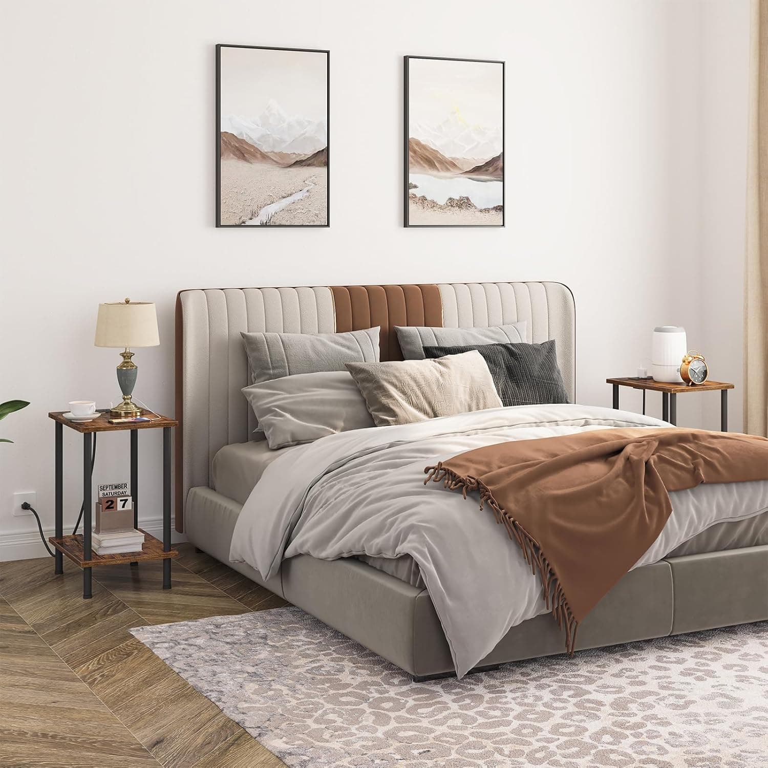 HOOBRO Side Table with Charging Station, Set of 2 End Tables with USB Port and Outlets, Nightstand with 2-Layer Storage Shelves for Small Spaces, Living Room, Bedroom, Rustic Brown BF09UBZP201 2 Rustic Brown + Black - Image 5