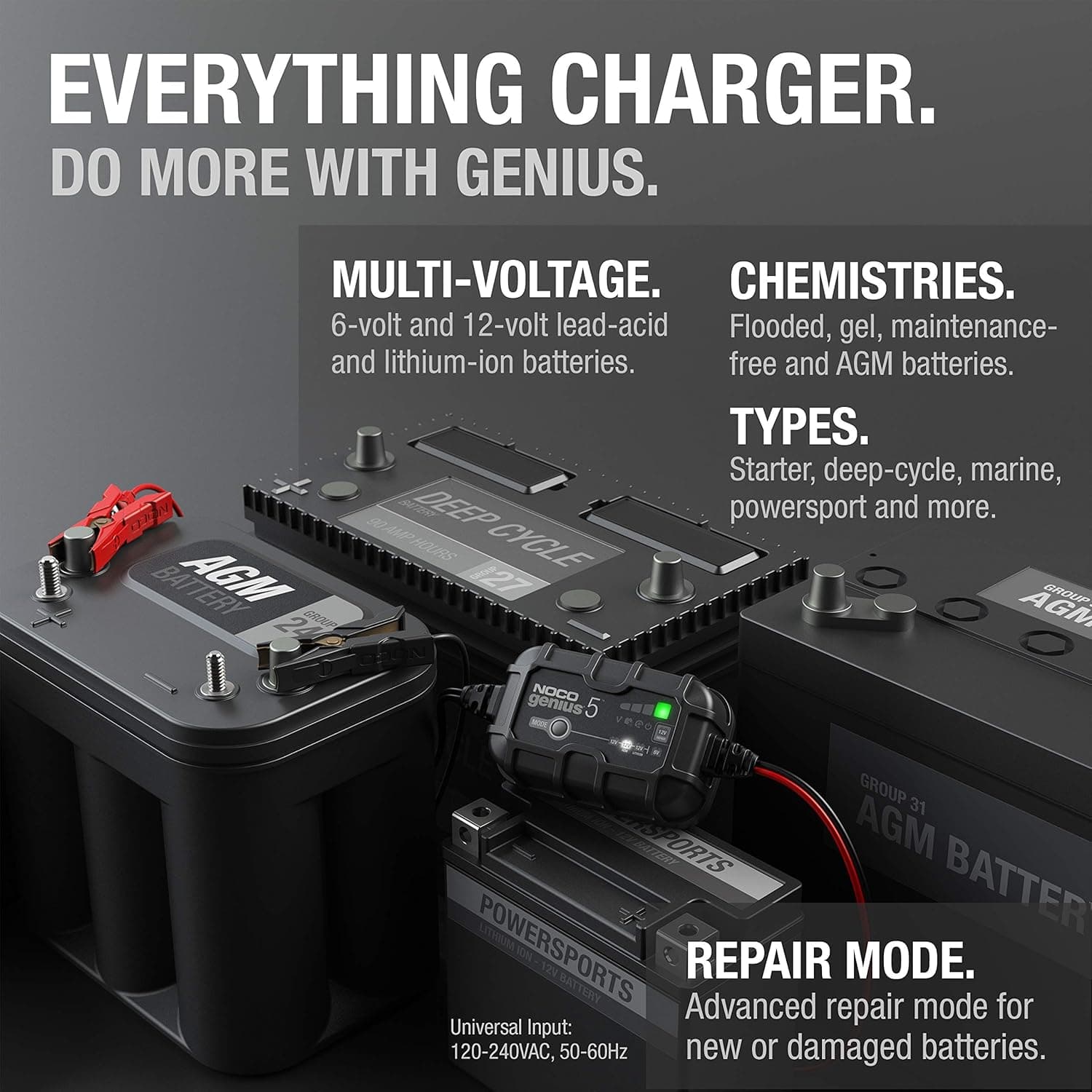 NOCO GENIUS5: 5A 6V/12V Smart Battery Charger – Automatic Maintainer, Trickle Charger & Desulfator with Overcharge Protection & Temperature Compensation – for Lead-Acid & Lithium Batteries - Image 5