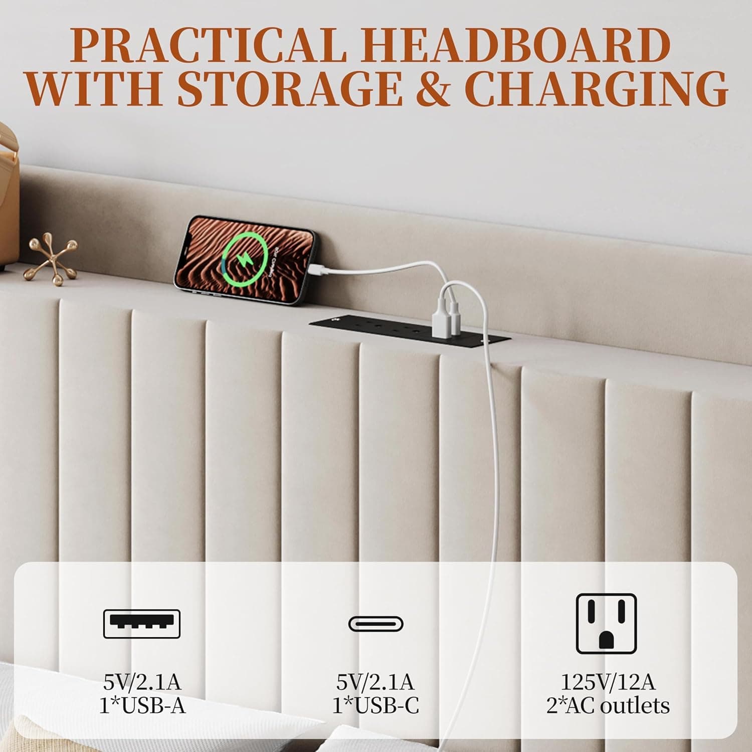 Yaheetech Queen Bed Frame with USB Charging Station and Storage Shelf/Upholstered Headboard Platform Bed with Wing Side/Wooden Slats Support/Noise Free/No Box Spring Needed/Easy Assembly, Beige Beige Queen - Image 5