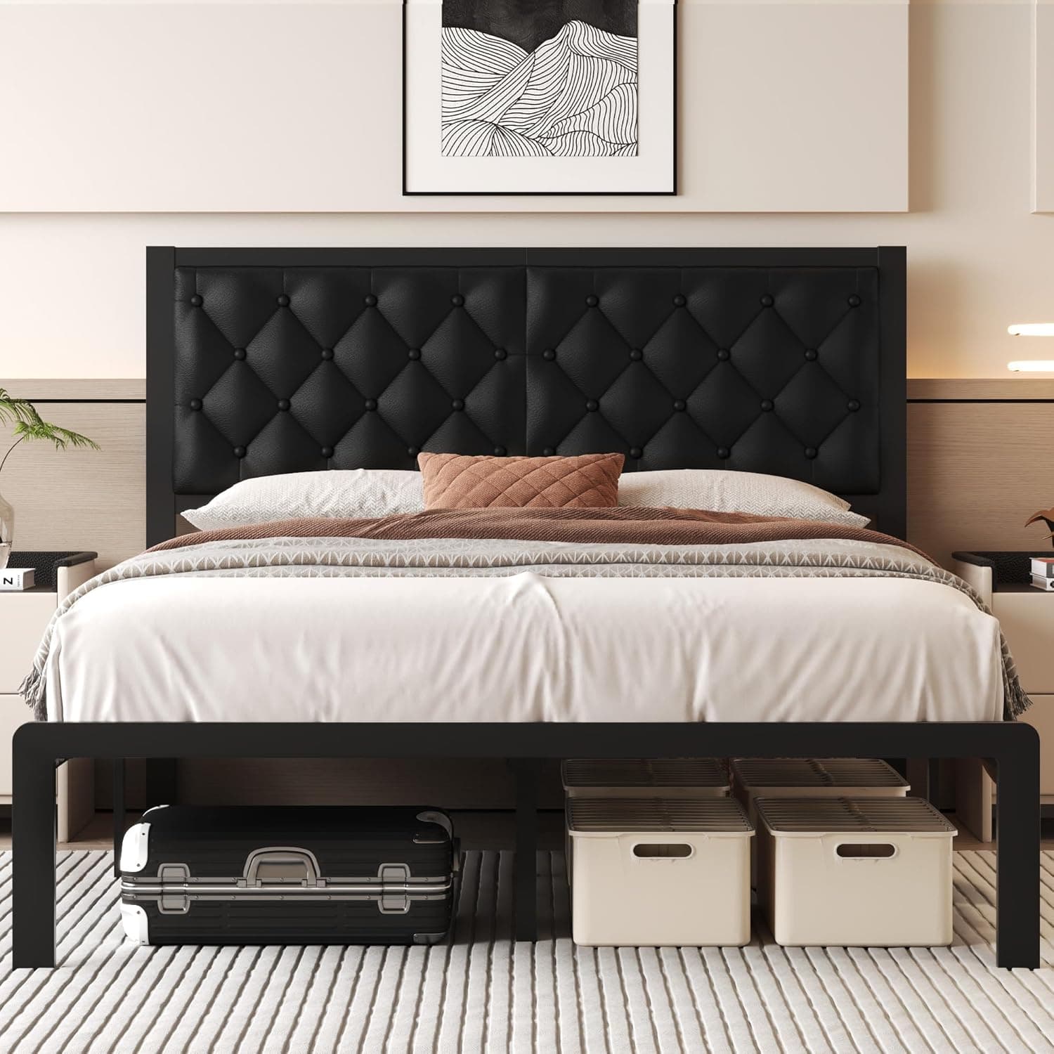 Queen Bed Frame with Headboard PU Leather Upholstered Bed Frame Platform,All Metal Slats Support Platform Bed Frame with Storage Space,Easy Assembly,Noise Free,No Box Spring Needed,Black Black Queen - Image 2