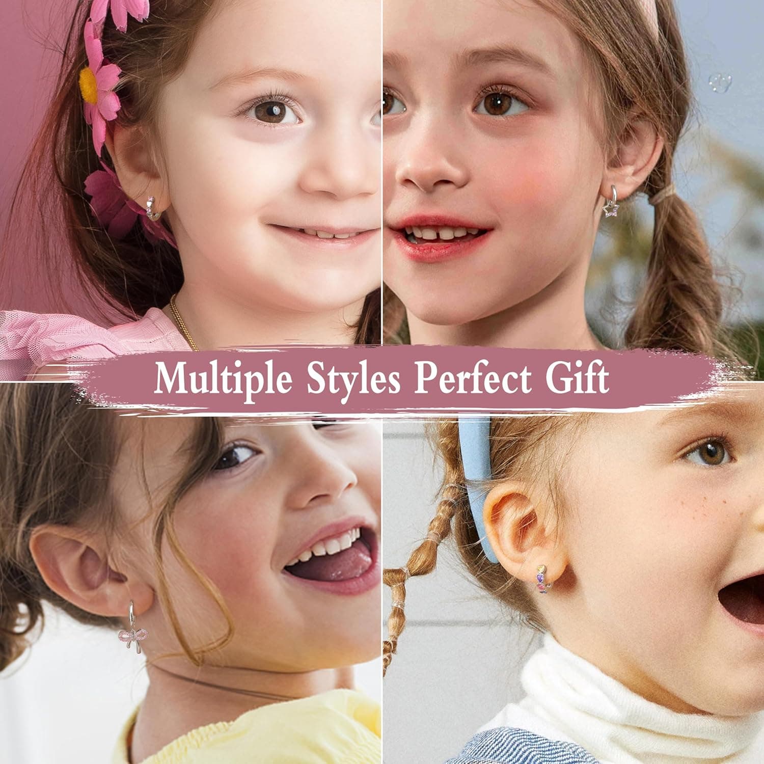 BESTEEL 4 Pairs Hypoallergenic Huggie Hoop Earrings for Girls Women Silver Plated Small Dangle Hoop Earrings Bow Earrings Tiny Cute CZ Heart Butterfly Earrings Set Pink Colorful Star Earrings for Sensitive Ears(over 3 years old) Heart star bow set - Image 5