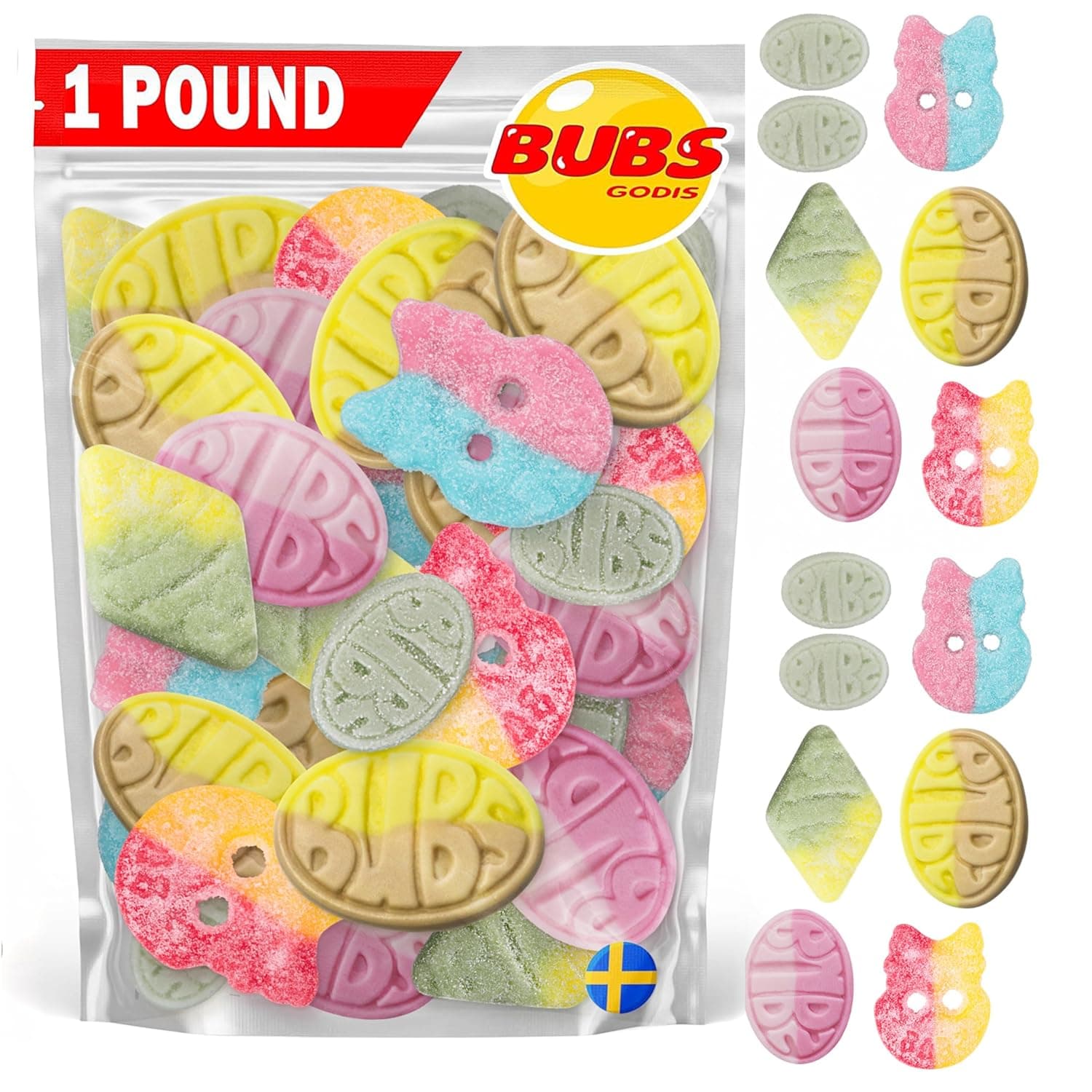 Bubs Swedish Candy Mix - Authentic Sweet and Sour Swedish Gummies - 1 Pound of Godis From Sweden - Big Ovals, Dizzy Skulls, Tutti Frutti and More - Foam Candy - Packed in a Candynavia Sweden Bag - Image 2