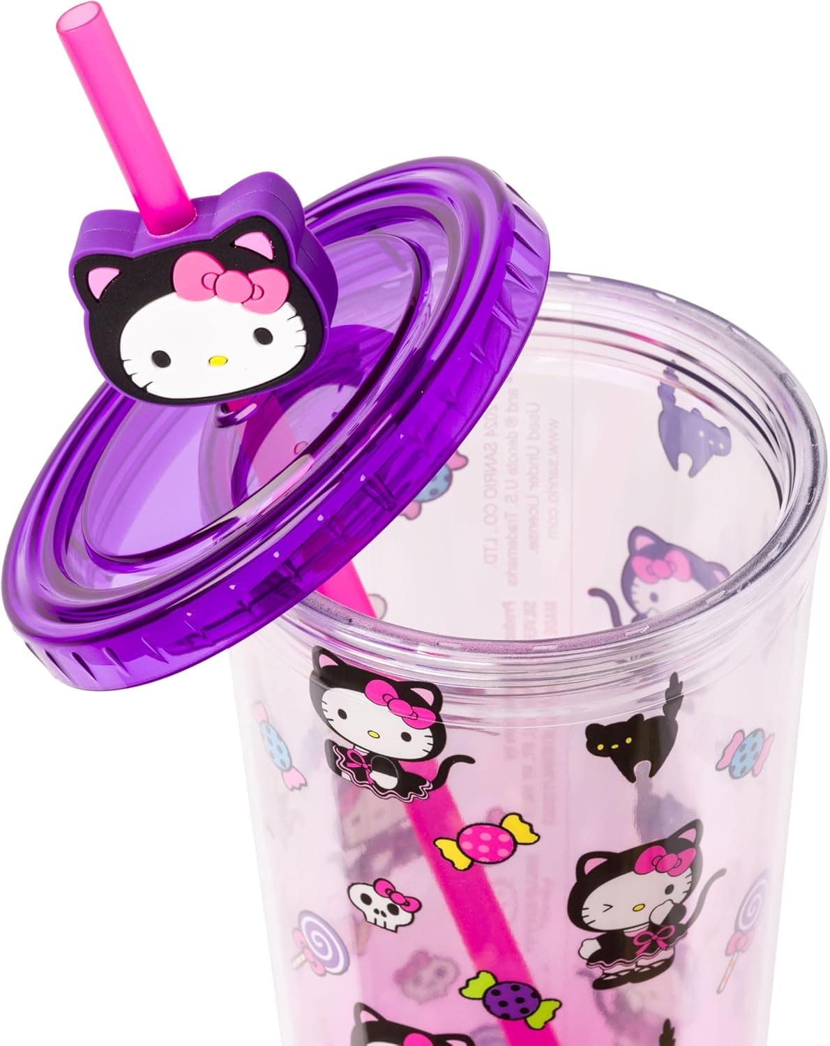Silver Buffalo Sanrio Hello Kitty Halloween Costume Black Cat and Candy Plastic Cold Cup with Lid and Straw Topper, 24 Ounces Hello Kitty Black Cat Halloween 24 Ounces - Image 5