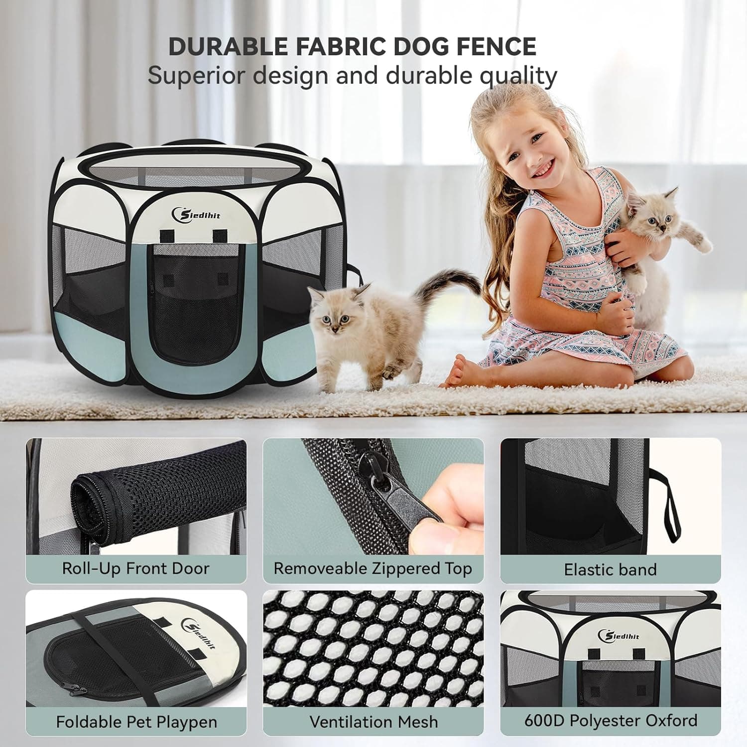 Dog Cat Playpen, Puppy Pet Playpen Indoor for Small Dogs Tent Crates Cage Outdoor, Portable Pop Up Dog Kennel Playpen with Carrying Case for Dogs/Cats/Rabbits, Removable Zipper Top, Grey Grey Small (29" x 29" x 17") - Image 6