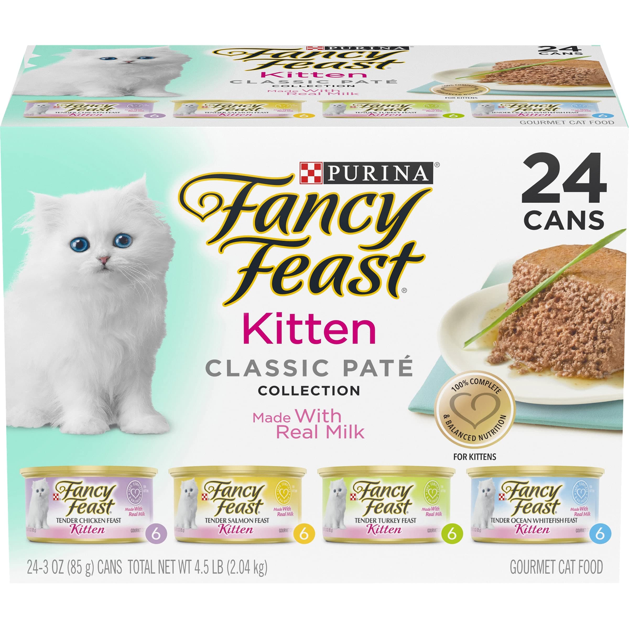 Purina Fancy Feast Tender Ocean Whitefish, Turkey, Chicken and Salmon Feasts Wet Kitten Food Variety Pack - (Pack of 24) 3 oz. Boxes 3 Ounce (Pack of 24)