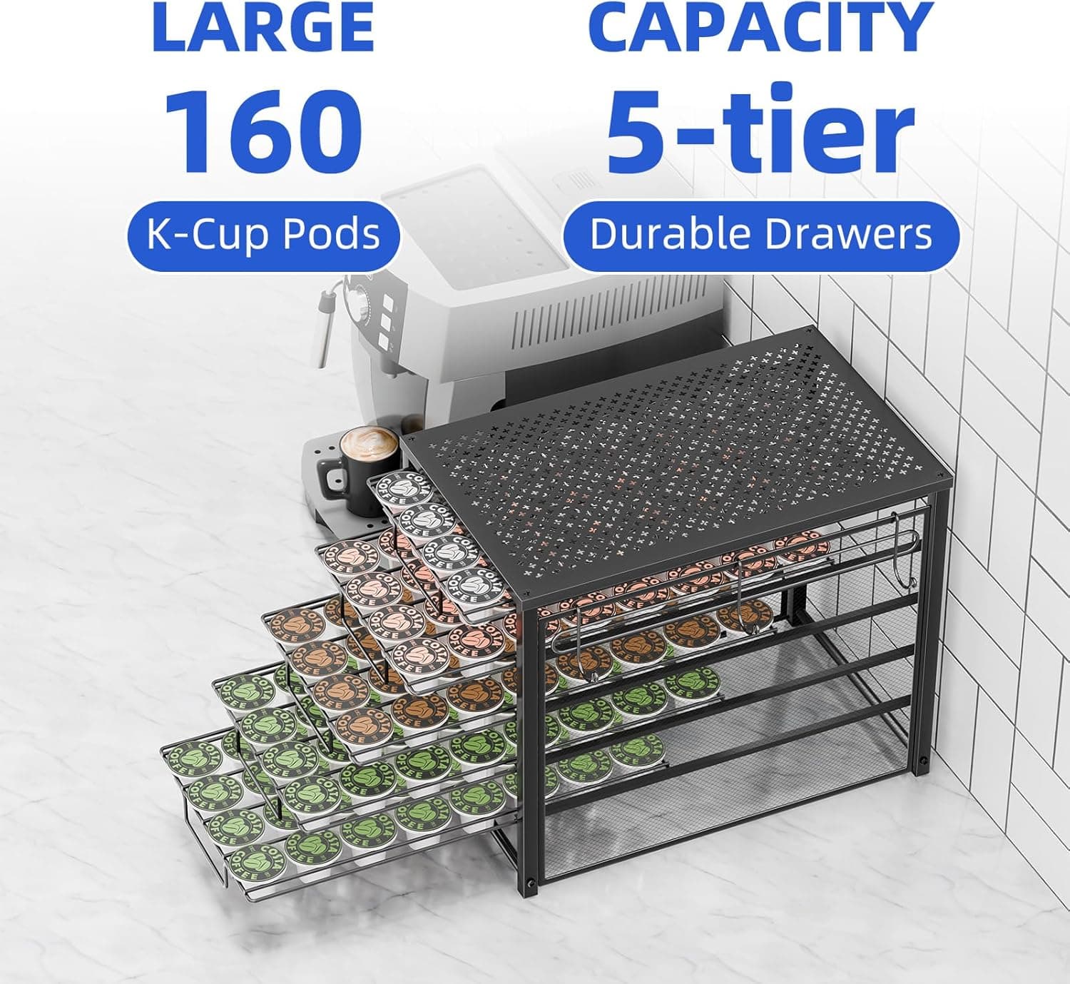 Simple Trending 5 Tier Coffee Pod Holder for K Cup, 160 Pod Pack Capacity Rack, Metal, Black 5 Tier Black-Metal - Image 7