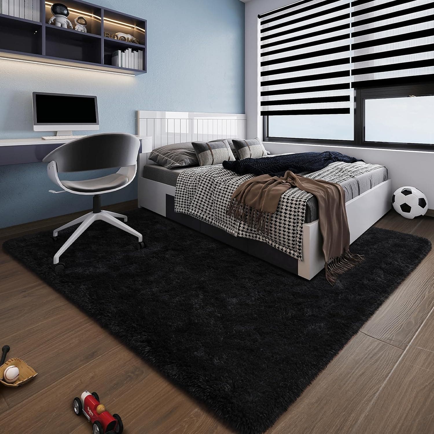 HOMORE Black Rug for Bedroom 4x6 Furry Carpet for Boys Girls Shaggy Fuzzy Rugs for Living Room Non Slip Large Rug for Kids Dorm Home Decor 4' x 6' (Rectangular) Black - Image 10
