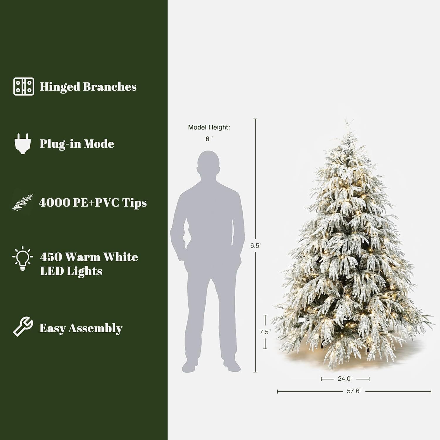 LuxenHome 6.5FT Flocked Artificial Christmas Tree, Spruce Prelit Christmas Trees Flocked with 450 Warm White LED Lights, Realistic Xmas Tree with 4000 PE+PVC Tips for Indoor and Outdoor Xmas Decor 6.5‘ Flocked Spruce - Image 4