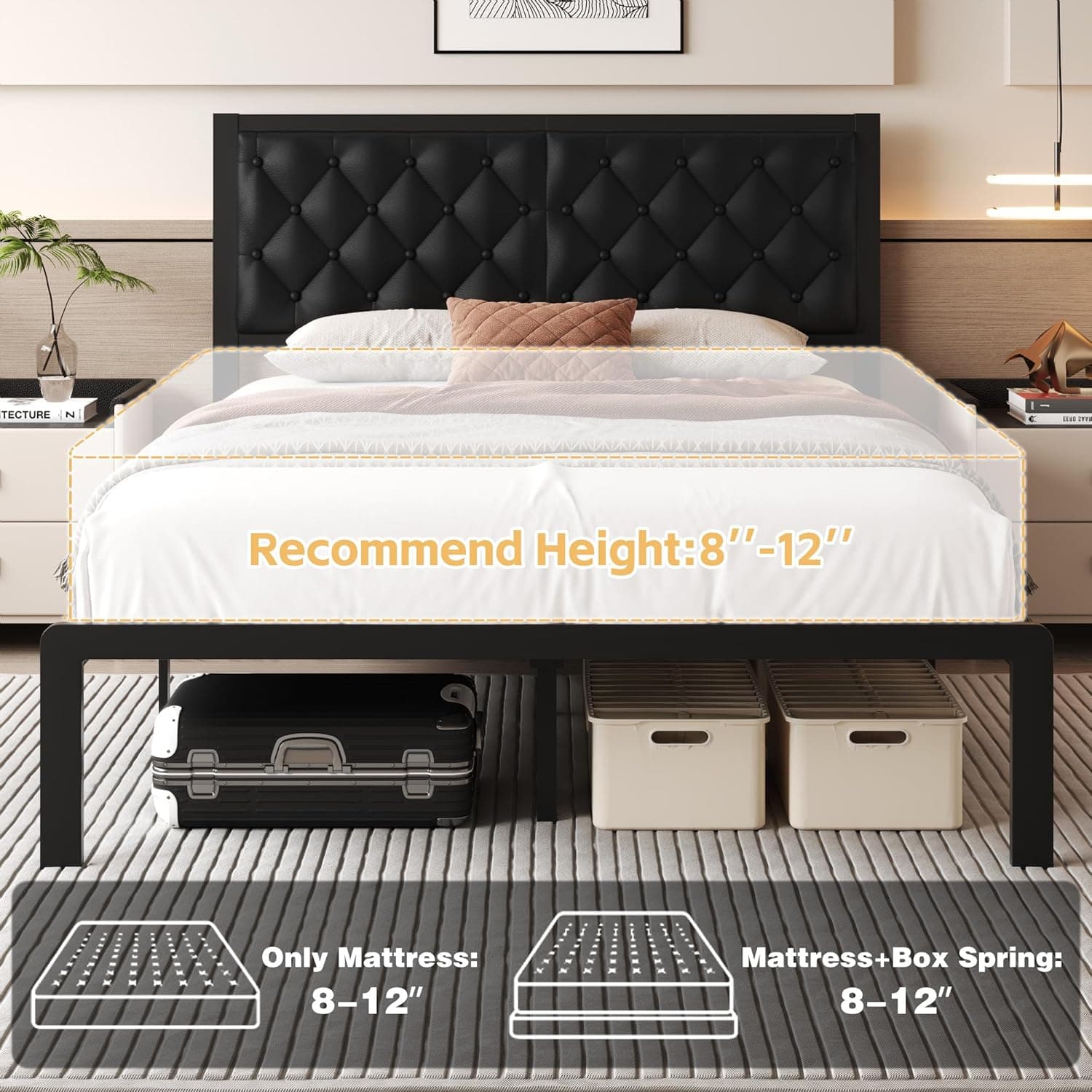 Queen Bed Frame with Headboard PU Leather Upholstered Bed Frame Platform,All Metal Slats Support Platform Bed Frame with Storage Space,Easy Assembly,Noise Free,No Box Spring Needed,Black Black Queen - Image 8