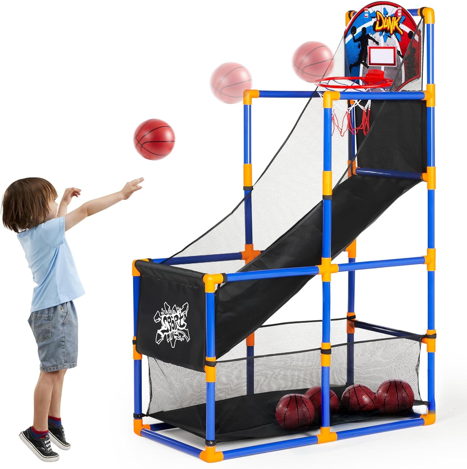 JOYIN Arcade Basketball Game Set with 4 Balls and Hoop for Kids 3 to 12 Years Old Indoor Outdoor Sport Play - Easy Set Up - Air Pump Included - Ideal for Competition Blue - Image 2