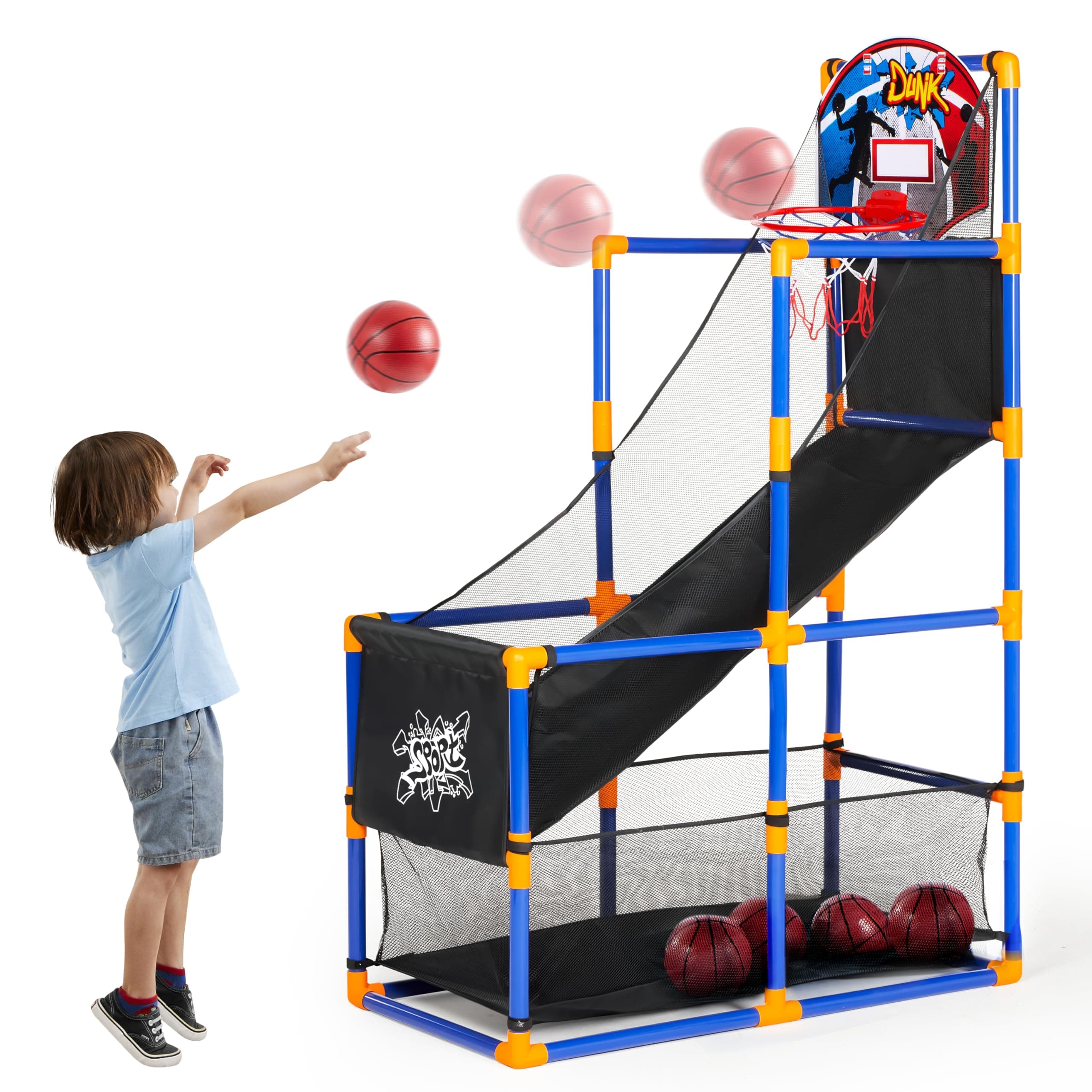 JOYIN Arcade Basketball Game Set with 4 Balls and Hoop for Kids 3 to 12 Years Old Indoor Outdoor Sport Play - Easy Set Up - Air Pump Included - Ideal for Competition Blue