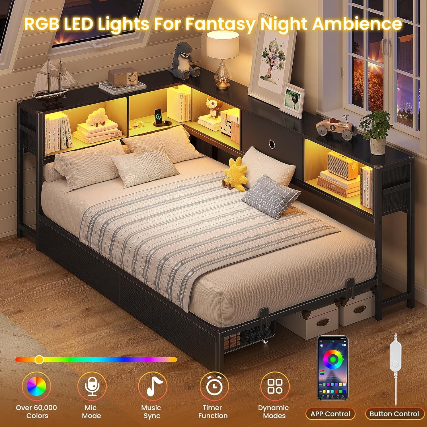 Hasuit Twin Corner Bed Frame with Storage Drawers and Bookcase Headboard, Twin Size Metal Platform Corner Bed Frame with Charging Station and LED Lights, Twin Daybed for Kids Teens Guests, Black Twin Black - Image 7