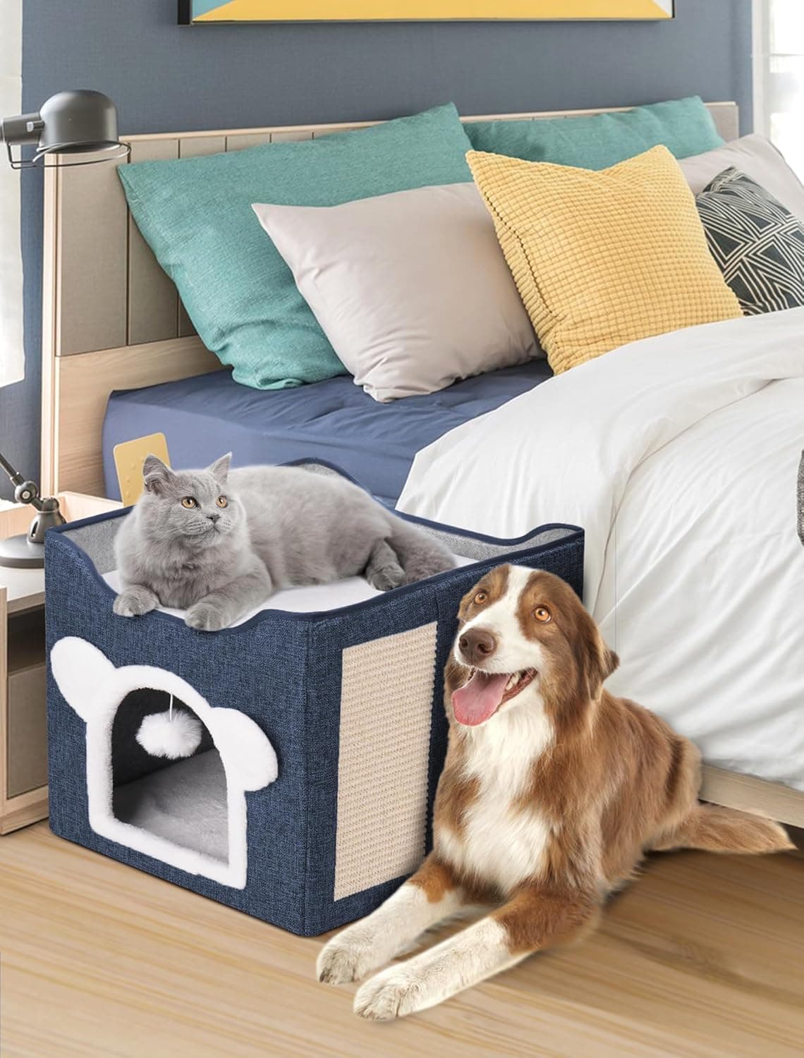 Cat Houses for Indoor Cats, Large Cat Cave with Fluffy Ball and Scratch Pad, Covered Cat Bed House, Foldable Cat Hideaway Deepblue - Image 7