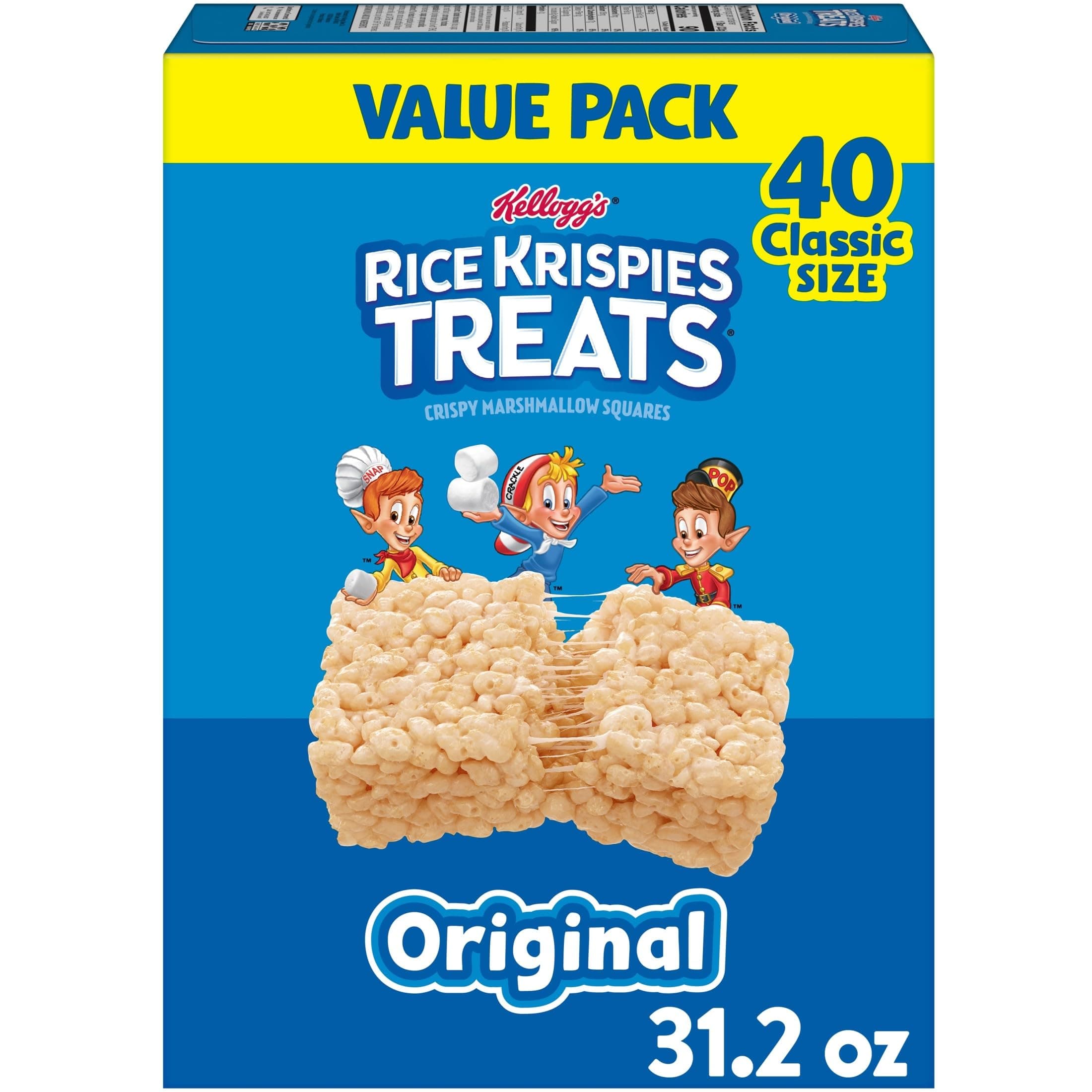 Rice Krispies Treats Cuadrados Crujientes de Malvavisco, Snacks para Niños, Barras de Snack, Original, Caja de 31.2oz (40 Barras)