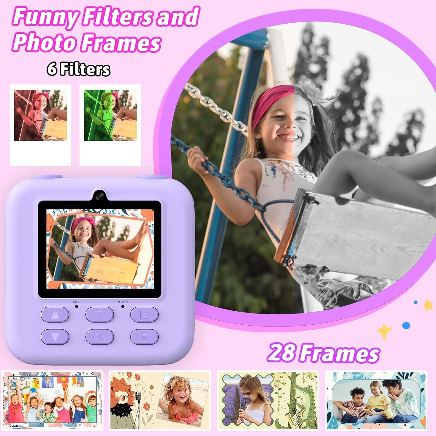 Kids Instant Digital Cameras for Boys and Girls, 1080P HD Dual-Lens Selfie Digital Camera with Print Paper & 32G Card, Christmas Birthday Gifts Toys for Toddler and Teenagers Age 3-16 Years Old Purple - Image 5