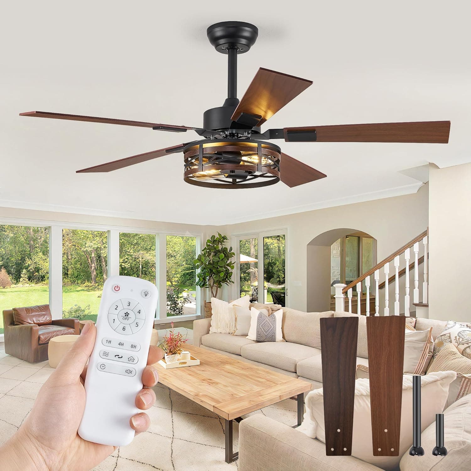 Fanbulous Farmhouse Ceiling Fans with Light, 48 Inch Bedroom Ceiling Fan with Lights, 6-Speed Adjustable, Quiet and Reversible DC Motor, Dual Finish 5 Blades, Rustic Caged Ceiling Fan for Living Room Black and Walnut 48 Inch - Image 2