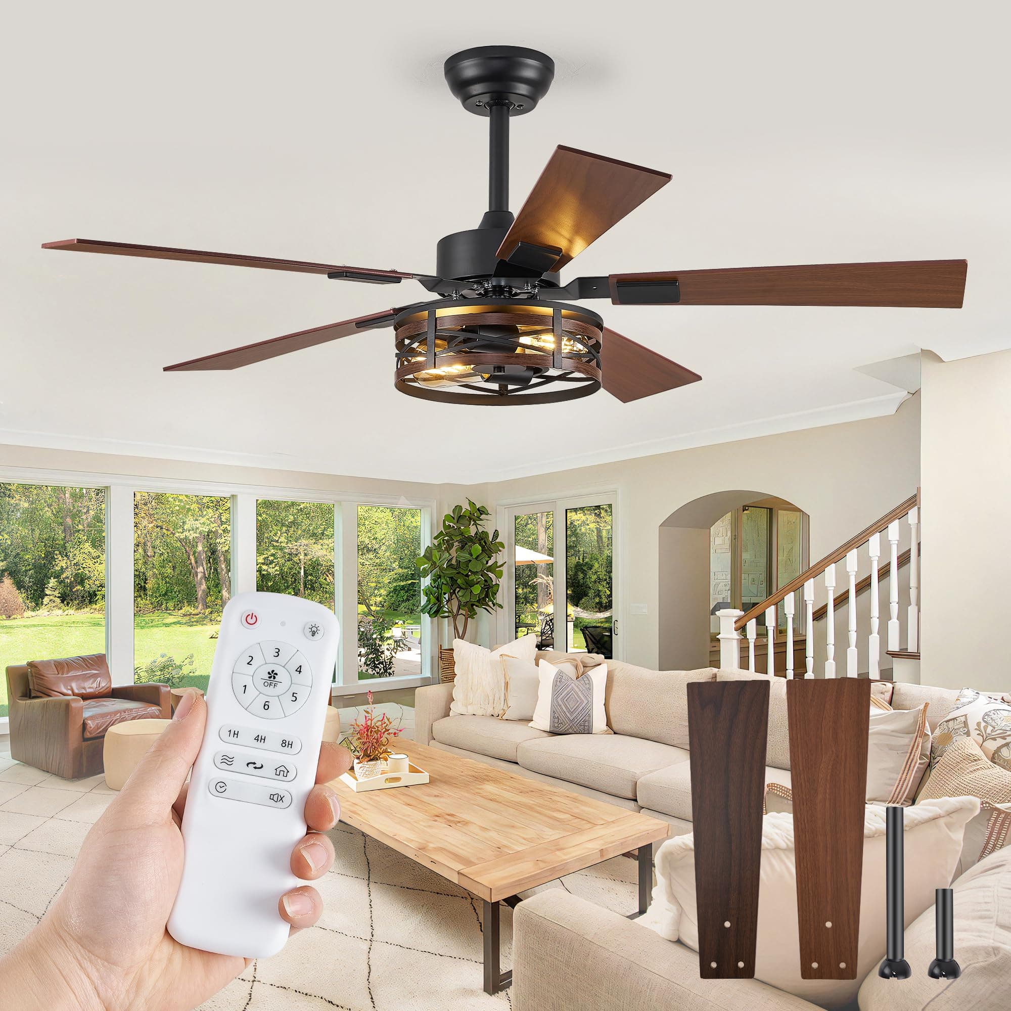 Fanbulous Farmhouse Ceiling Fans with Light, 48 Inch Bedroom Ceiling Fan with Lights, 6-Speed Adjustable, Quiet and Reversible DC Motor, Dual Finish 5 Blades, Rustic Caged Ceiling Fan for Living Room Black and Walnut 48 Inch