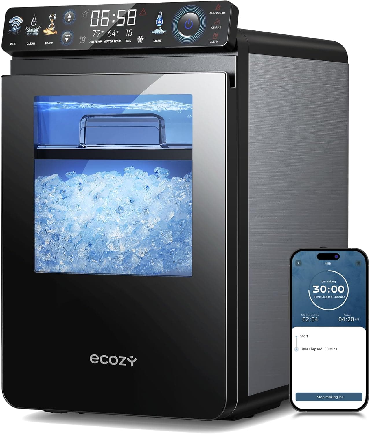 ecozy Nugget Ice Maker Countertop, Smart Pebble Ice Machine with APP Control, 44 lbs Per Day Soft Pellet Chewable Ice with Self-Cleaning, Stainless Steel Silver Nugget Ice Maker - Image 2