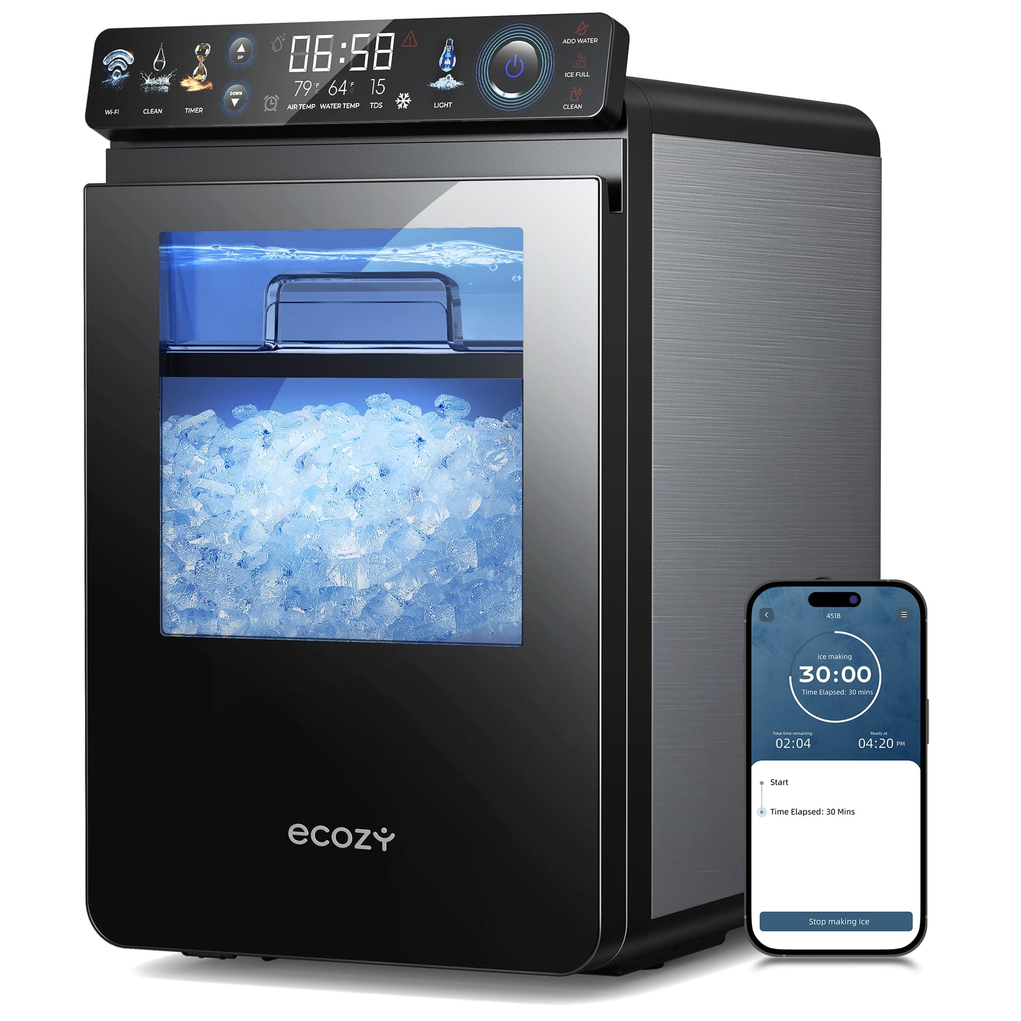 ecozy Nugget Ice Maker Countertop, Smart Pebble Ice Machine with APP Control, 44 lbs Per Day Soft Pellet Chewable Ice with Self-Cleaning, Stainless Steel Silver Nugget Ice Maker