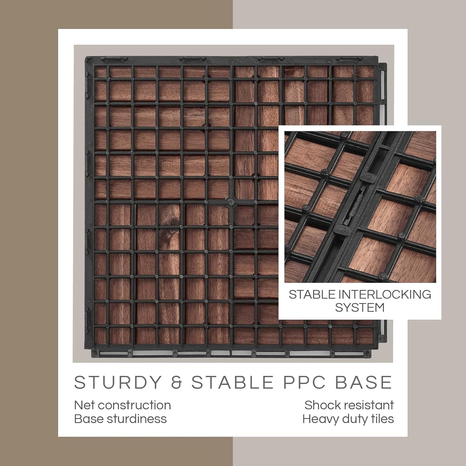 10 Pcs Deck Tiles, Patio Flooring - Outdoor Waterproof Acacia Wood Tiles for All Weather Use - Balcony, Backyard, Indoor & Outdoor (Dark Brown Crossed Pattern, 10 Square Ft) Dark Brown Crossed Pattern 10 Pcs - 10 Square Ft - Image 4