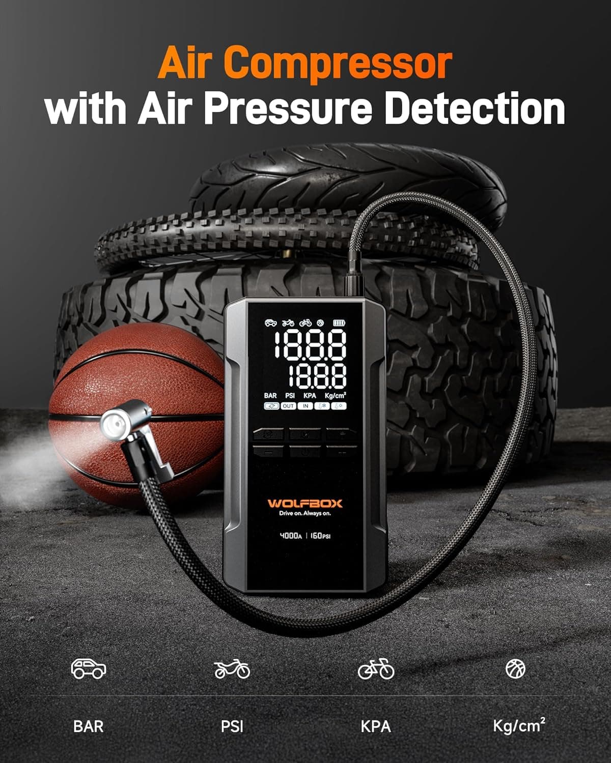 WOLFBOX 4000A Jump Starter with 160PSI Air Compressor, 12V Car Battery Booster, 65W Fast Charge, 88.8Wh Portable Tire Inflator, LED Display for 10L Gas & 10L Diesel Engines, LED Light, Jumper Cables 4000A&24000mAh - Image 4