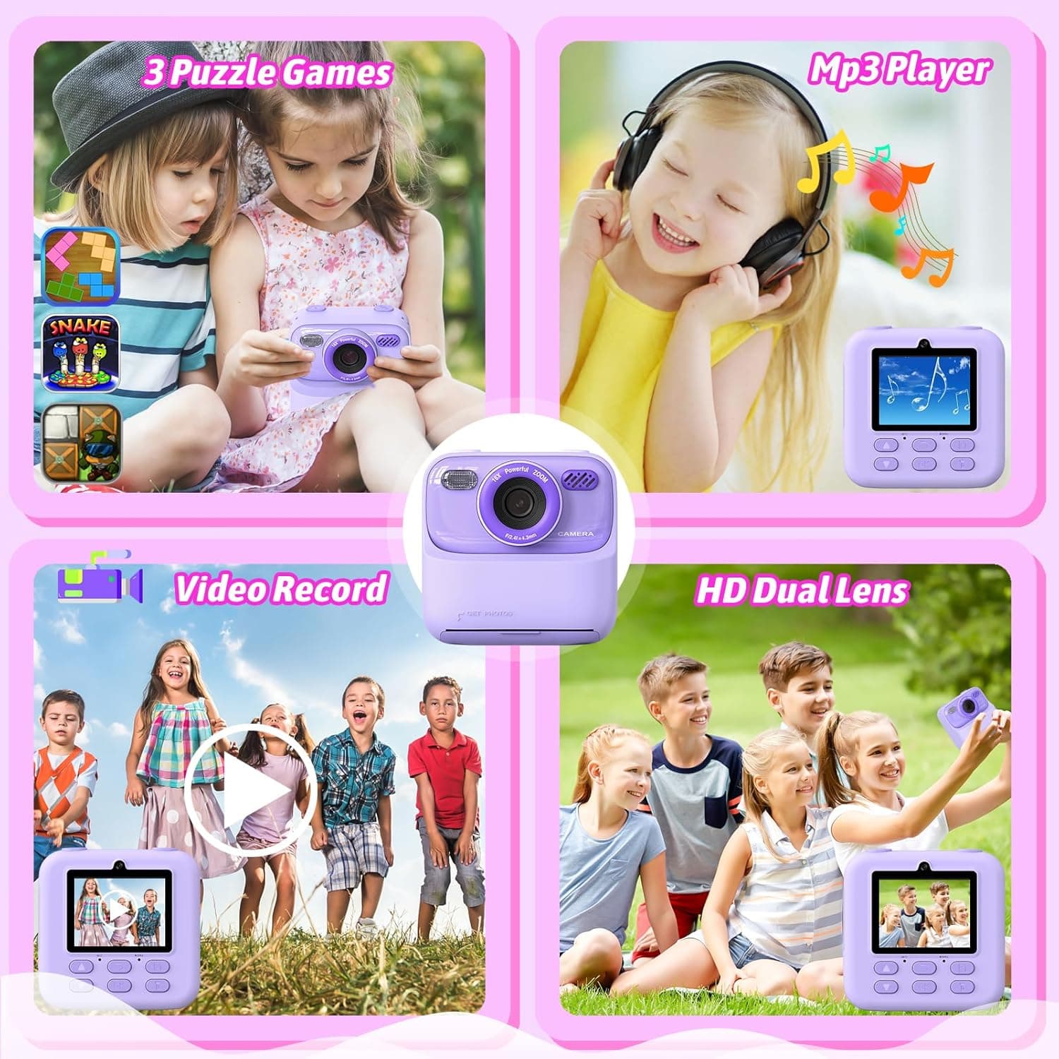 Kids Instant Digital Cameras for Boys and Girls, 1080P HD Dual-Lens Selfie Digital Camera with Print Paper & 32G Card, Christmas Birthday Gifts Toys for Toddler and Teenagers Age 3-16 Years Old Purple - Image 3