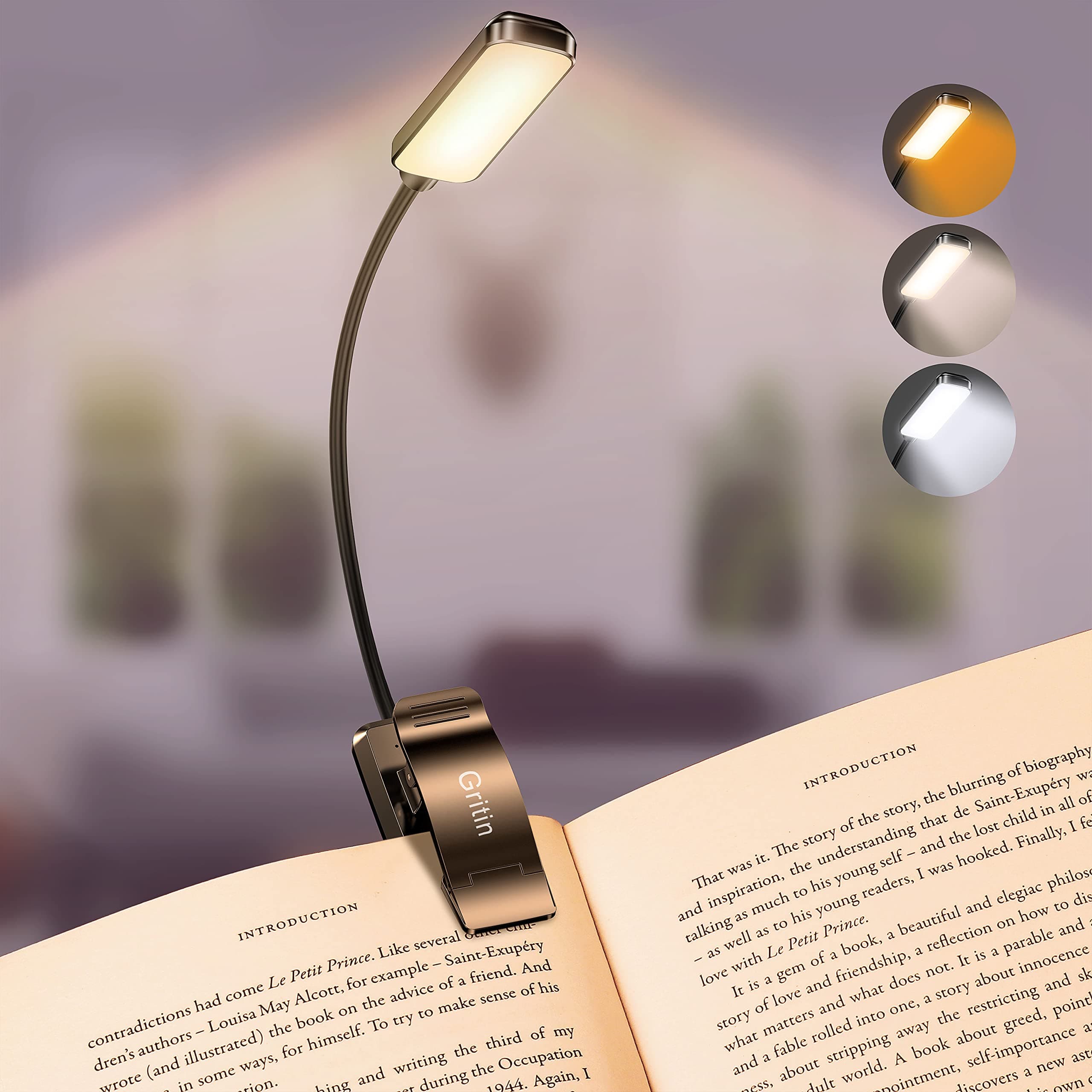 Gritin 9 LED Rechargeable Book Light for Reading in Bed - Eye Caring 3 Color Temperatures,Stepless Dimming Brightness,80 Hrs Runtime Small Lightweight Clip On Book Reading Light for Studying ‎Black