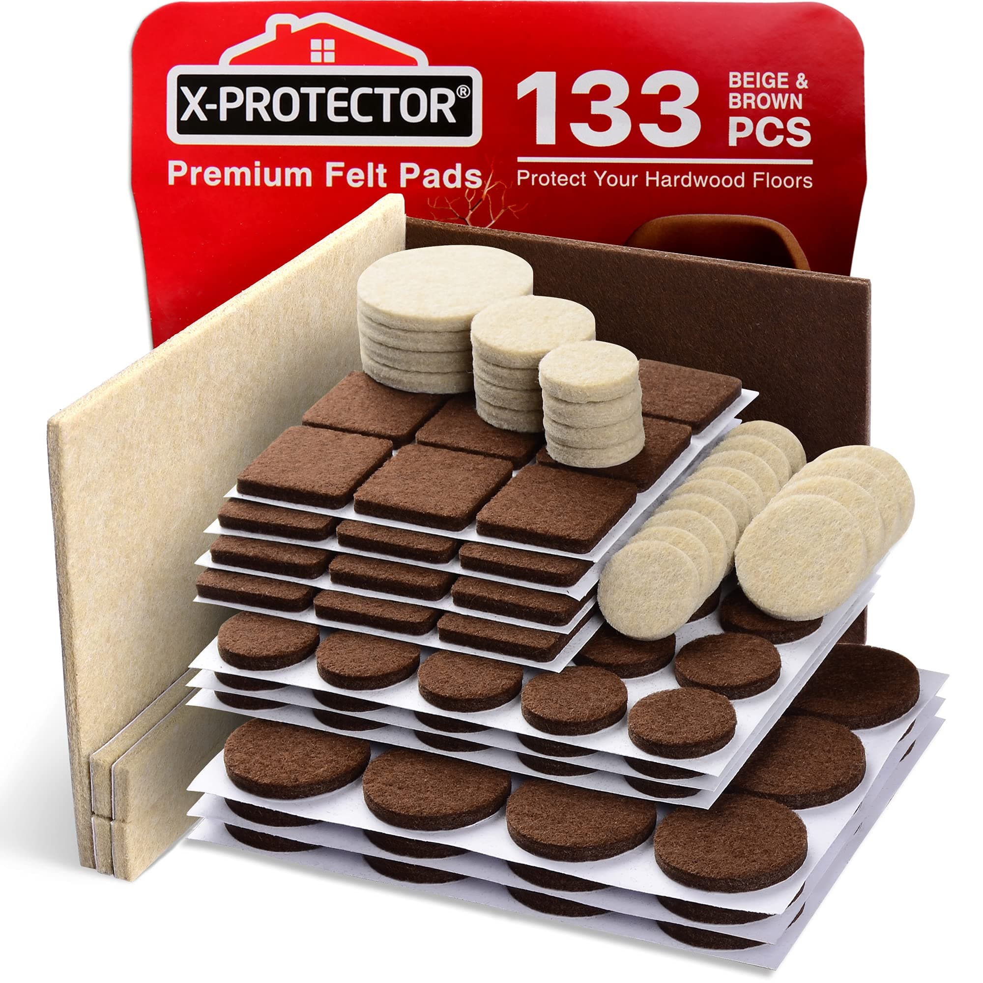 Felt Furniture Pads X-PROTECTOR 133 PCS Premium Furniture Pads - Felt Pads Furniture Feet Best Wood Floor Protectors - Protect Your Hardwood & Laminate Flooring! Brown and Beige 133 PCS Brown & Beige