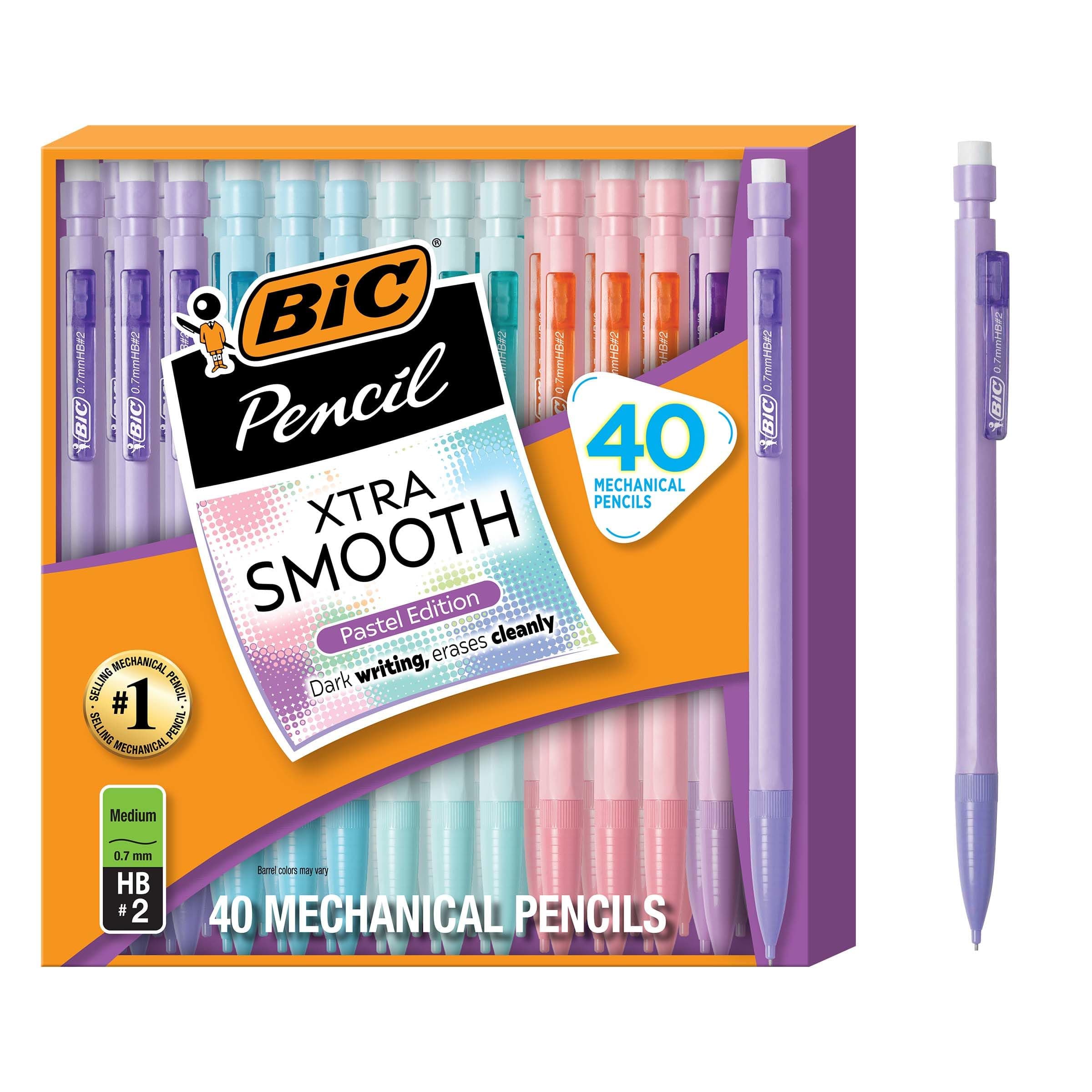 BIC Xtra Smooth Mechanical Pencil with Erasers, 0.7 mm Point, Refillable, 40-Count Pack Pastel Edition 40 Count (Pack of 1)