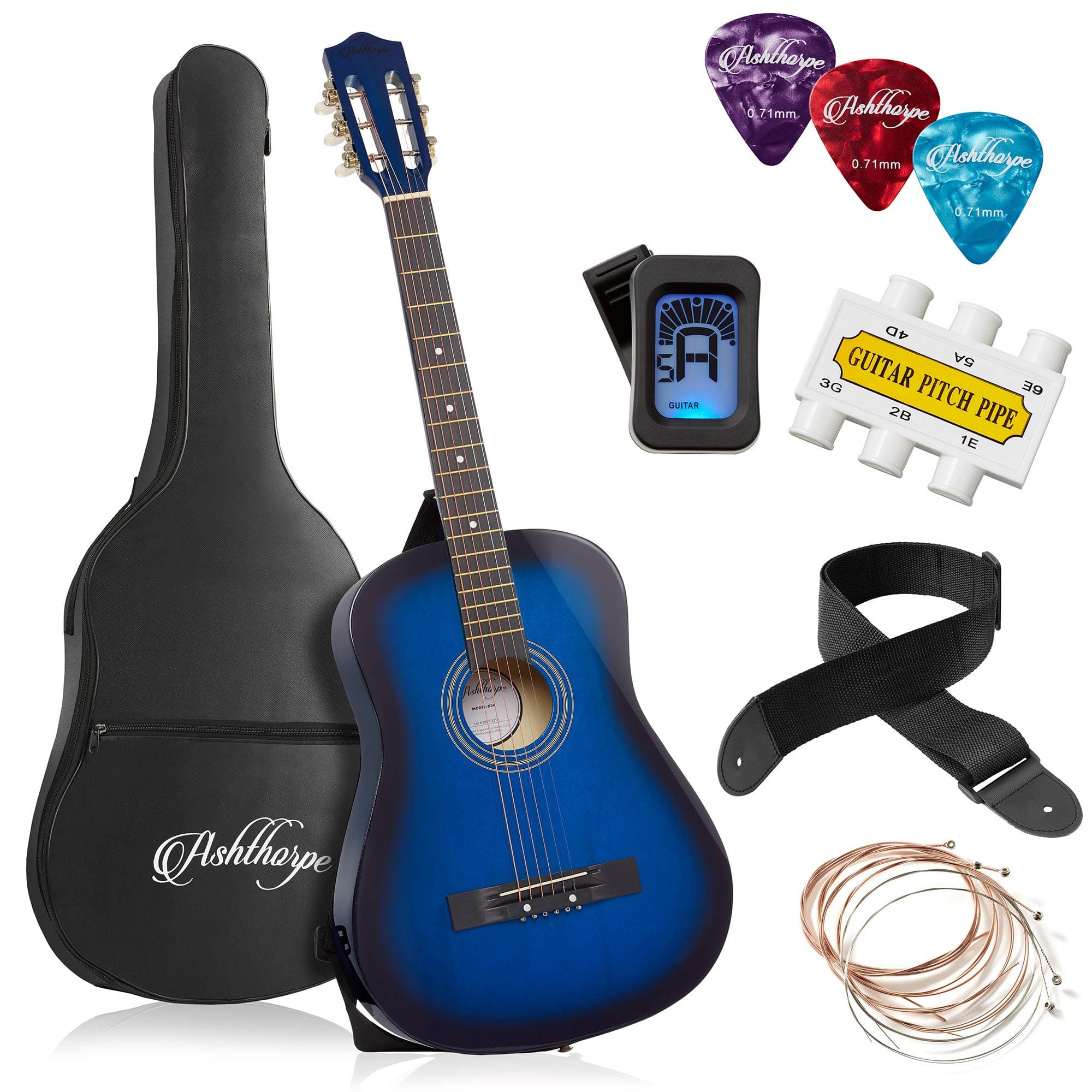 Ashthorpe 38-inch Beginner Acoustic Guitar Package (Blue), Basic Starter Kit w/Gig Bag, Strings, Strap, Tuner, Pitch Pipe, Picks 38 Inch Blue