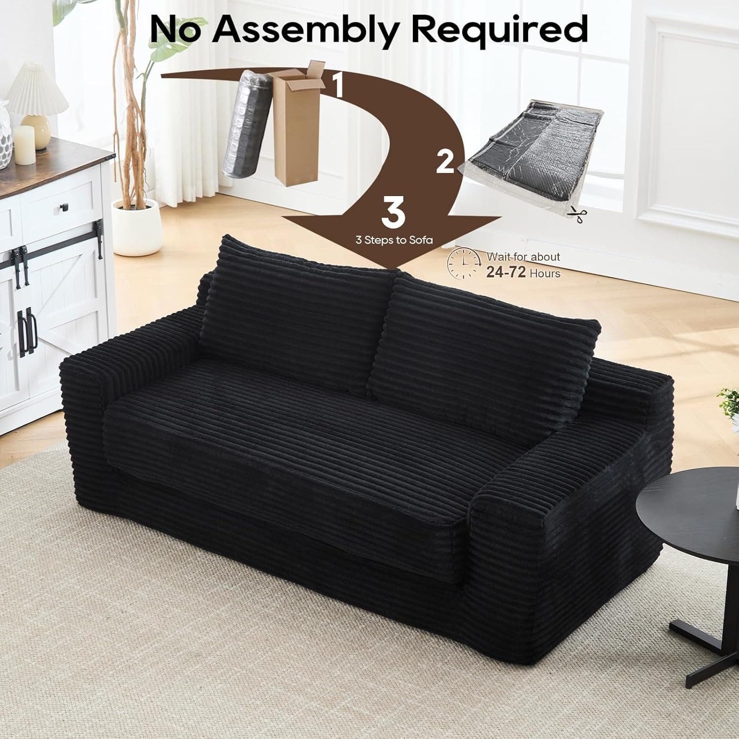 GNIXUU 71" Corduroy Cloud Loveseat Sofa, 2 in 1 Convertible Black Boneless Sleeper Sofa with Fixed-Shape Frame, Comfy Folding Love Seat Couches for Living Room, Apartment, Small Spaces - Image 8