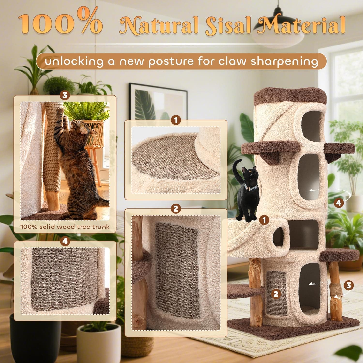 70'' Tall Large Cat Tree for Indoor Cats Adults,Treehouse Theme Luxury Cat Tower,Multi-Level Condo with Wood Scratching Post,Perch,Huge House for Large Cats 70inch - Image 6