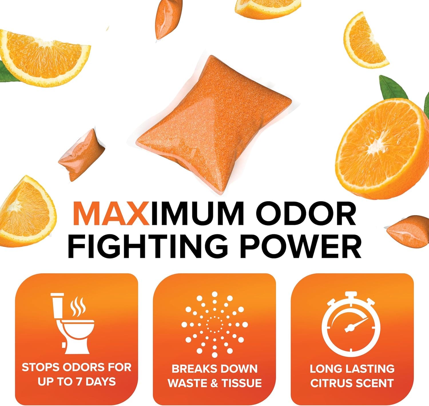 Camco TST MAX RV Toilet Treatment Drop-INs - Control Unwanted Odors & Break Down Waste and Tissue - Safe Septic Tank Treatment - Orange Scent, 30-Pack (41183) Orange 30 Count (Pack of 1) - Image 5