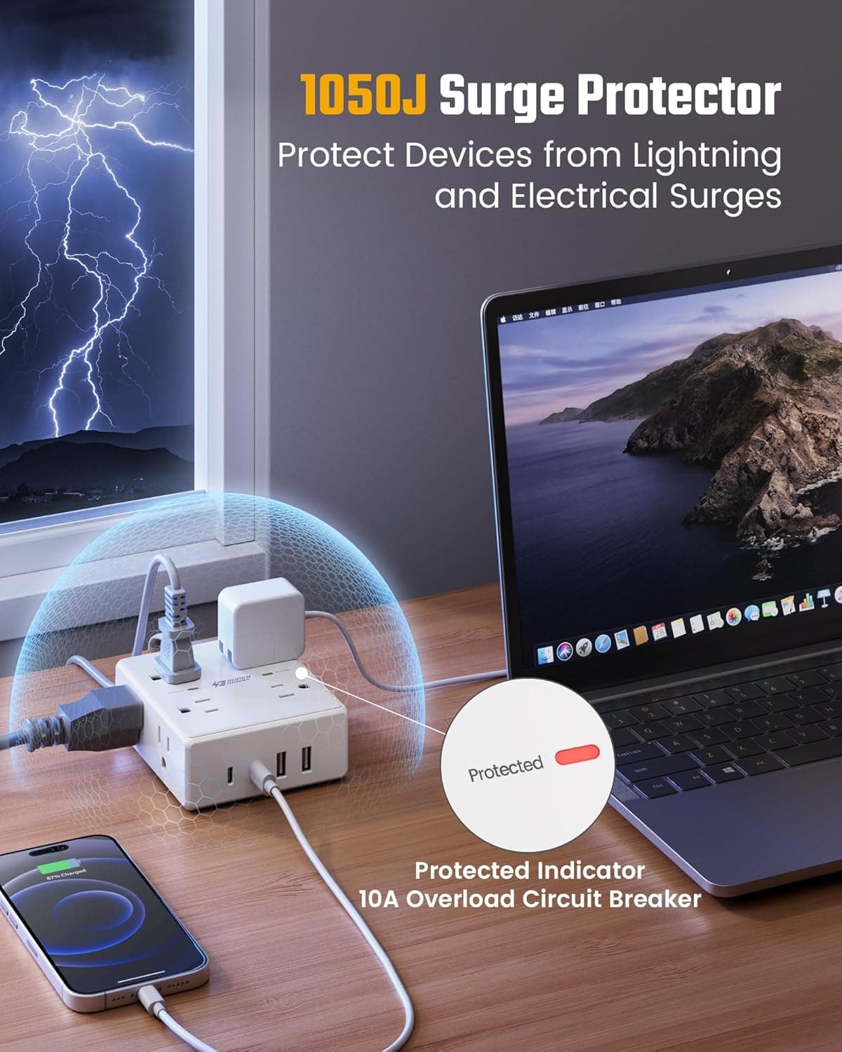 10Ft Extension Cord with Multiple Outlets, Flat Plug Surge Protector Power Strip 10 Ft Long Cord, 8 Outlets & 4 USB Ports (2 USB C), Desk Charging Station for Home Office, College Dorm Room Essentials 10FT White - Image 7