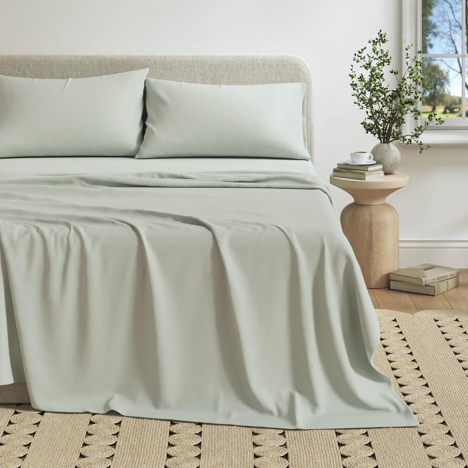 Great Bay Home Cotton Jersey Knit Twin XL Sheet Set - Ultra-Soft, Stretchy, Heathered Melange Green Bed Sheets - Cozy, Soft T-Shirt Sheet & Pillowcase Set Twin XL Green - Image 2